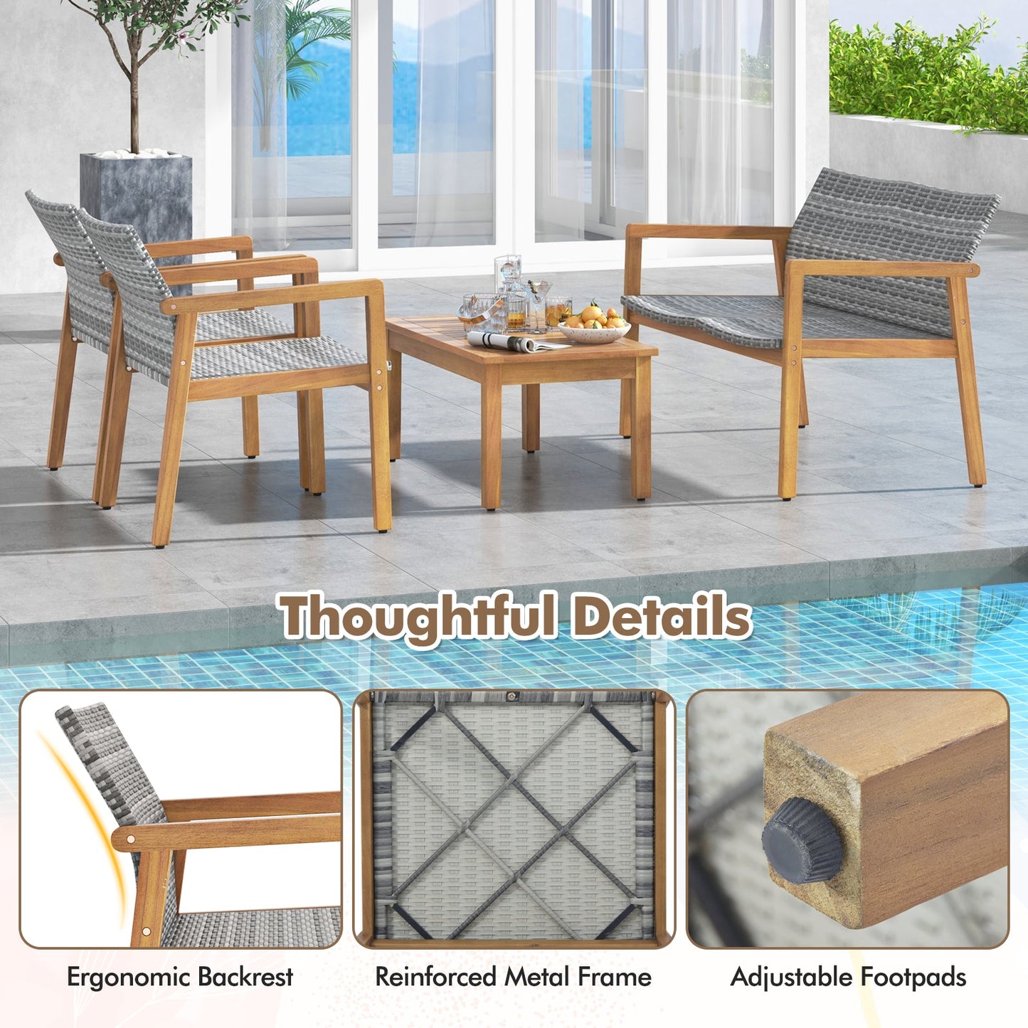 Tangkula 4/8 Pieces Outdoor Furniture Set, Acacia Wood Frame Sofa Set w/Rattan Seat & Back