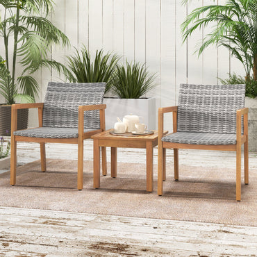 Tangkula 3 Pieces Outdoor Furniture Set, Acacia Wood Frame Sofa Set w/Rattan Seat & Back