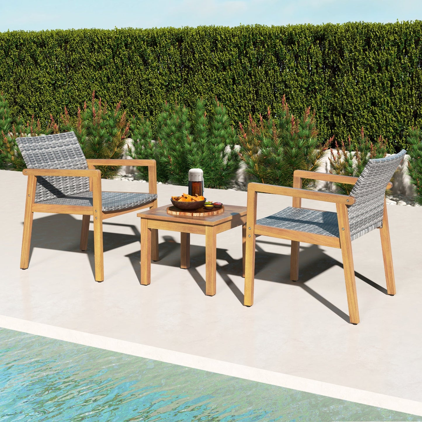 Tangkula 3 Pieces Outdoor Furniture Set, Acacia Wood Frame Sofa Set w/Rattan Seat & Back