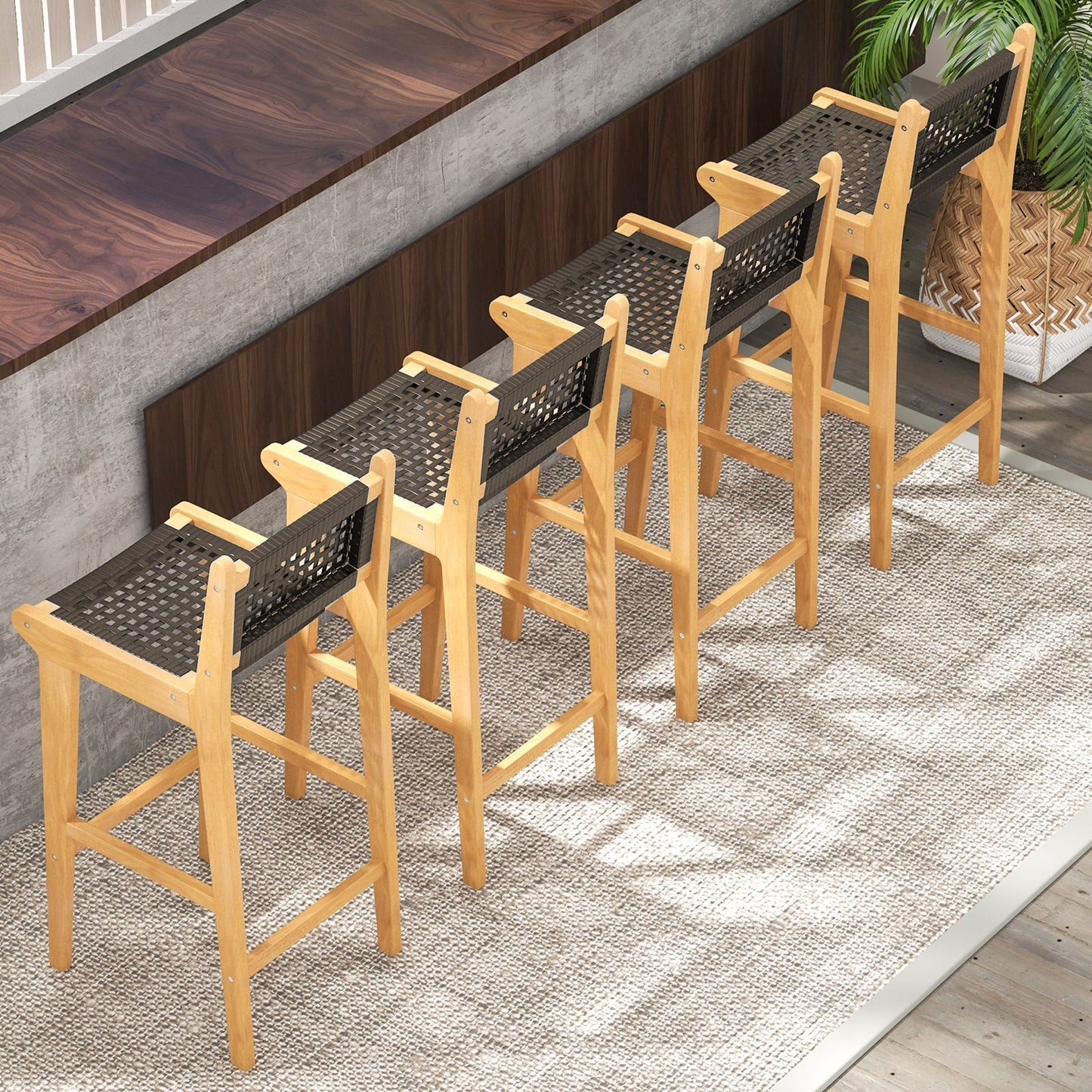 Tangkula Teak Wood Bar Chair, 30” Rattan Bar Stool with Backrest & Footrest