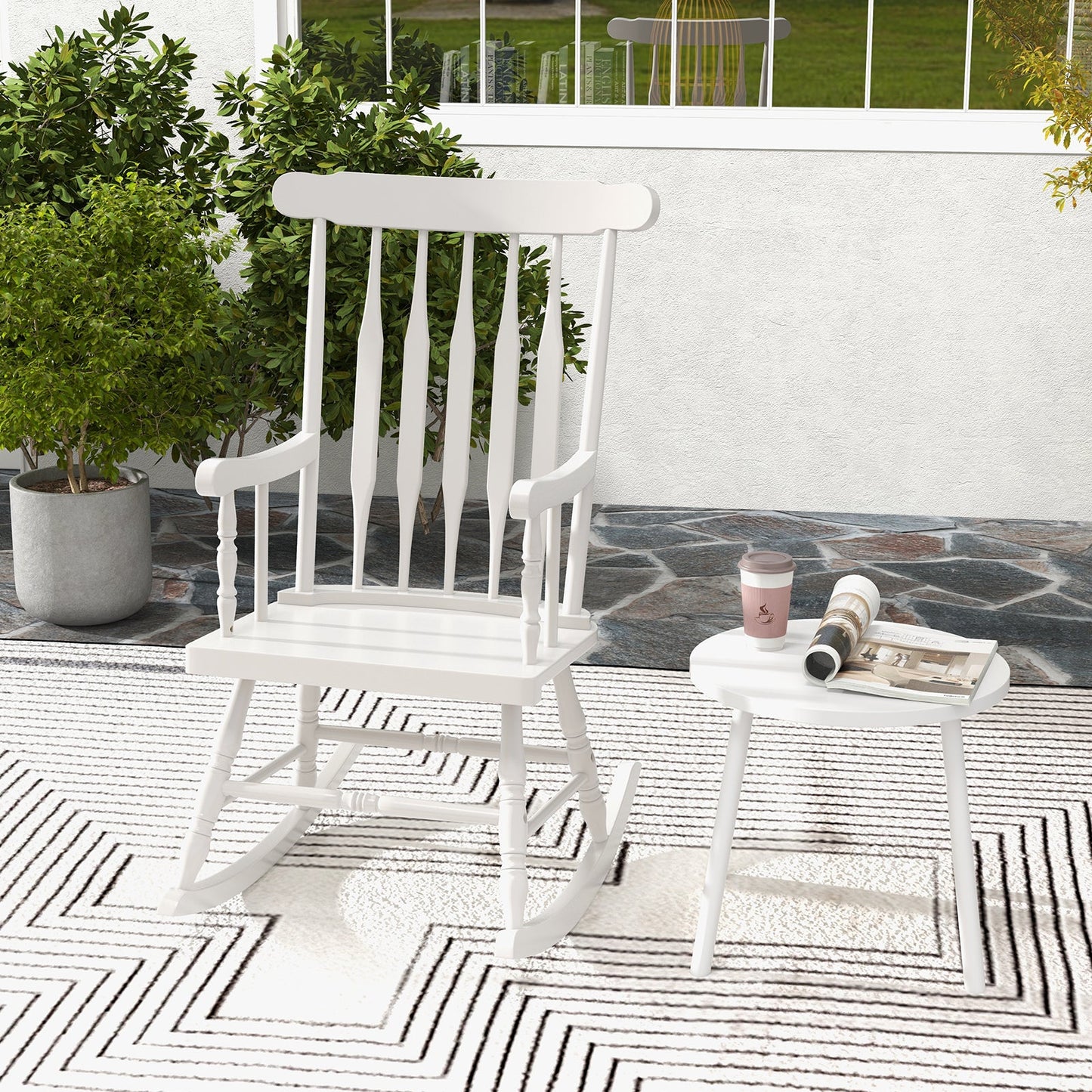 Tangkula Patio Rocking Chair Solid Wood, Outdoor Porch Rocker Chair, Ideal for Garden, Backyard & Balcony