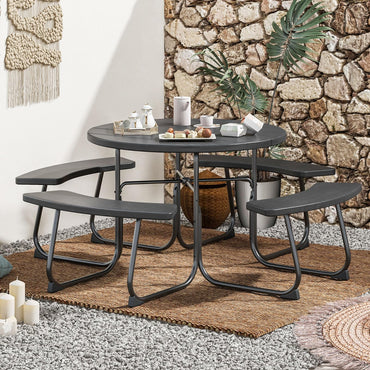 Tangkula 8 Person Picnic Table, Outdoor Round Picnic Table with 4 Built-in Benches, Umbrella Hole