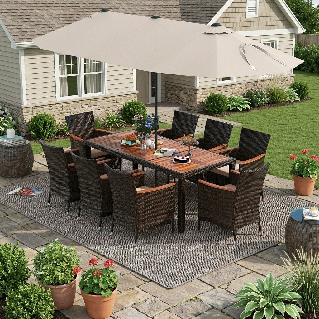 Tangkula 11 Pieces Patio Dining Set with 15ft Double-Sided LED Patio Umbrella (Base Included)