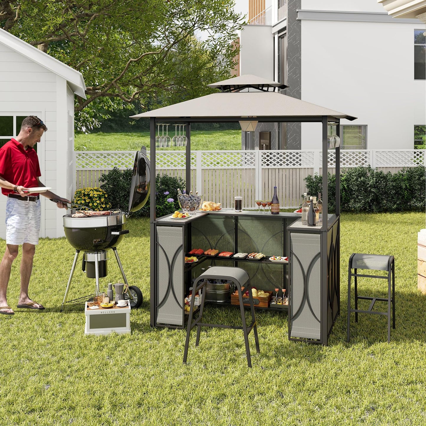 Ensemble de bar de terrasse 3 pièces Tangkula, tonnelle de barbecue et 2 tabourets de bar avec table de bar en verre trempé, étagères de rangement en métal