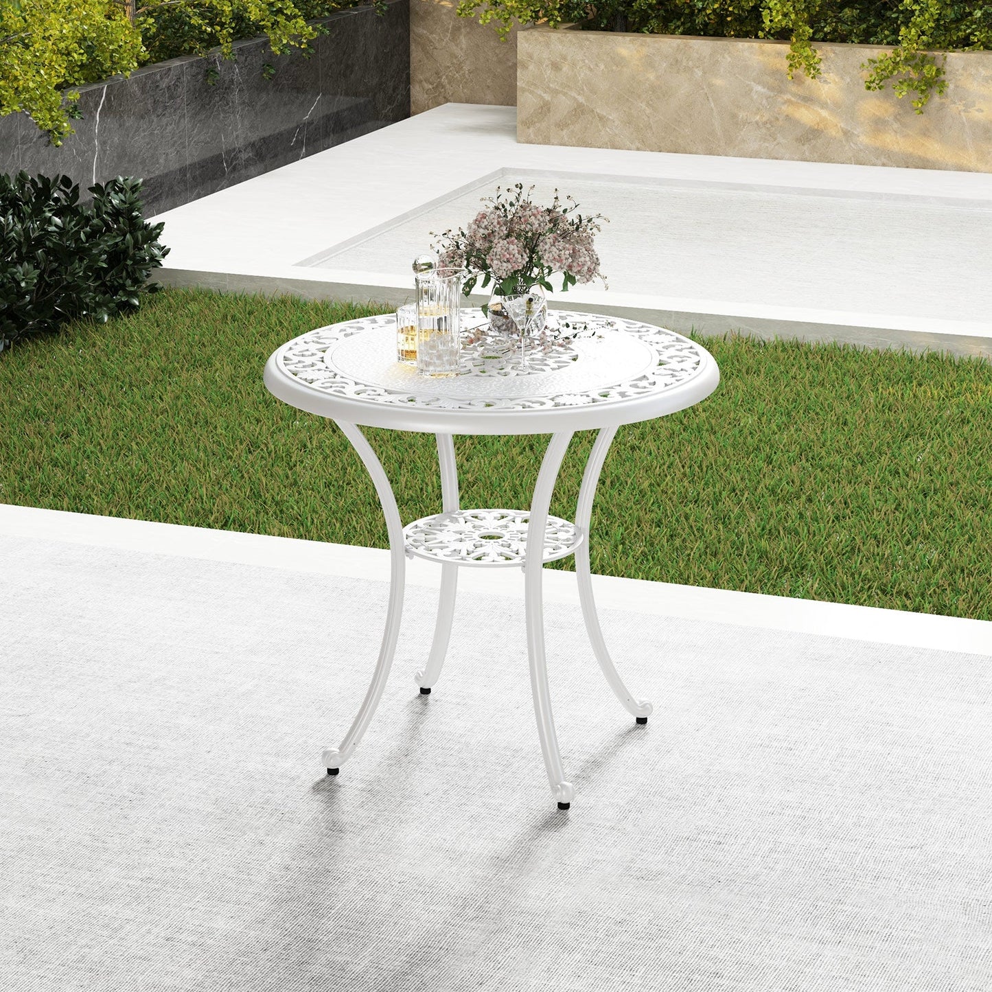 Tangkula 31.5” Cast Aluminum Patio Dining Table, Round Outdoor Bistro Table with 2” Umbrella Hole