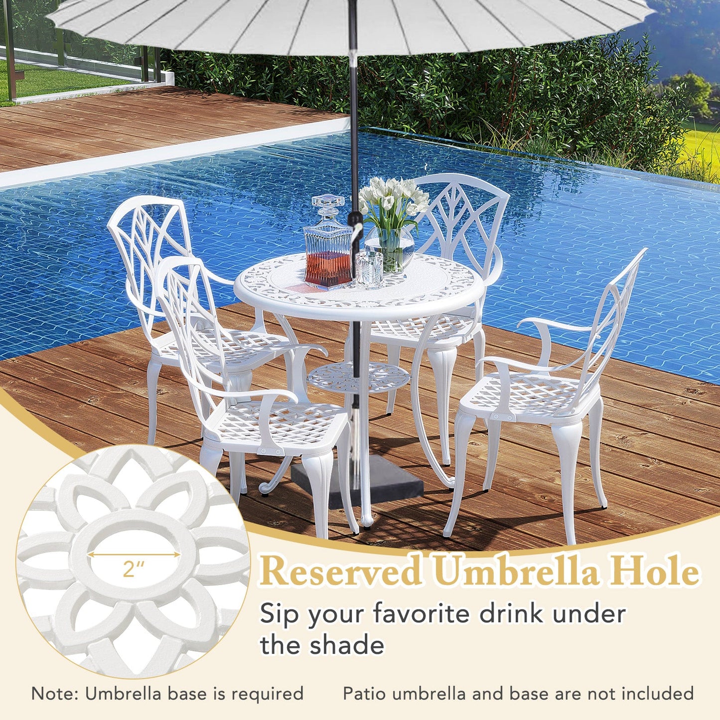 Tangkula 31.5” Cast Aluminum Patio Dining Table, Round Outdoor Bistro Table with 2” Umbrella Hole