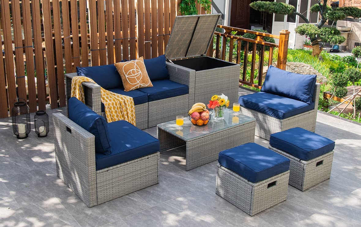 8-Piece Patio Wicker Furniture Set, Coffee Table, 2 Ottomans, 2 Armless Sofas & 2 Corner Sofas