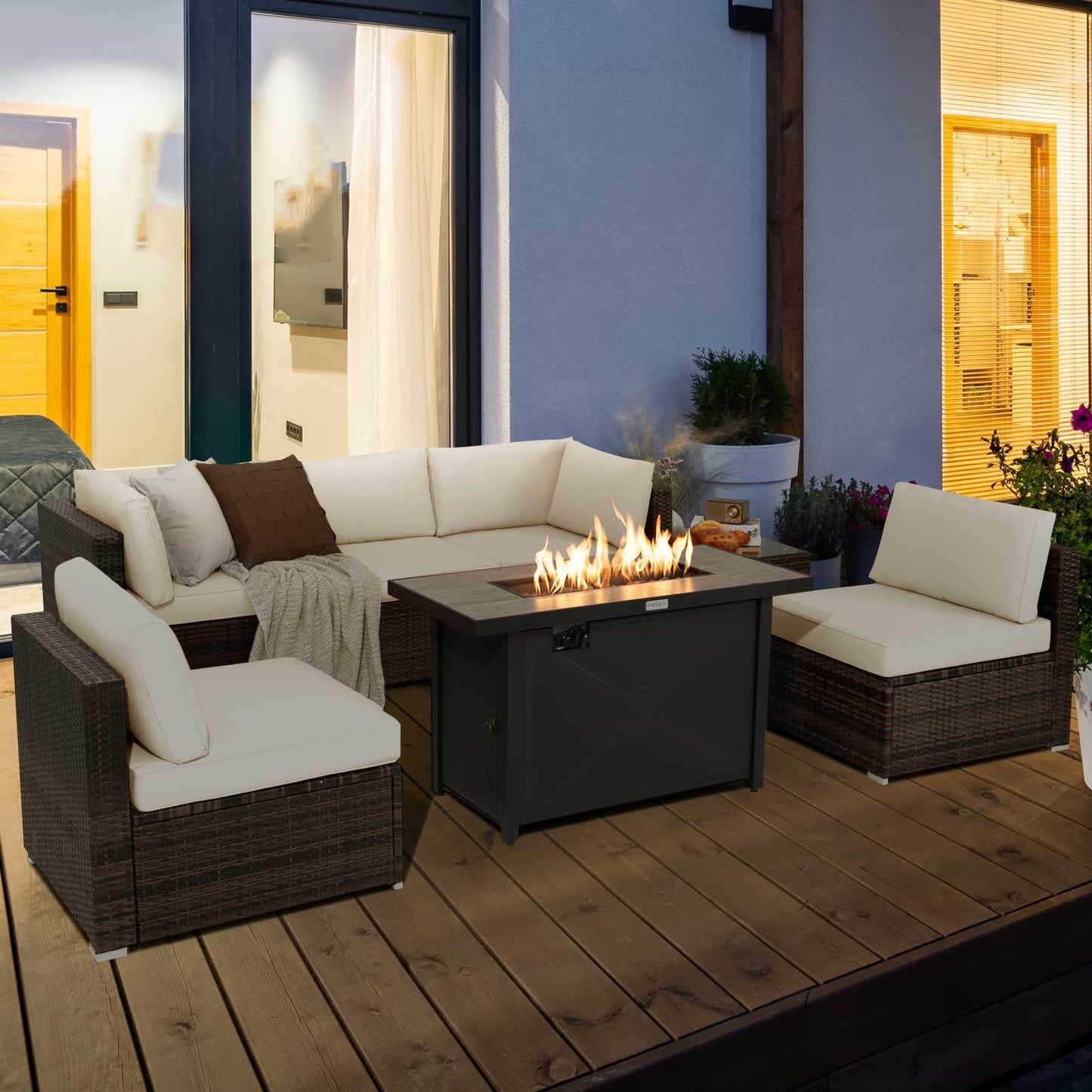 Tangkula 7 Piece Patio Furniture Set with Fire Pit Table, Includes 42 Inches 60,000 BTU Propane Rectangle Fire Pit Table