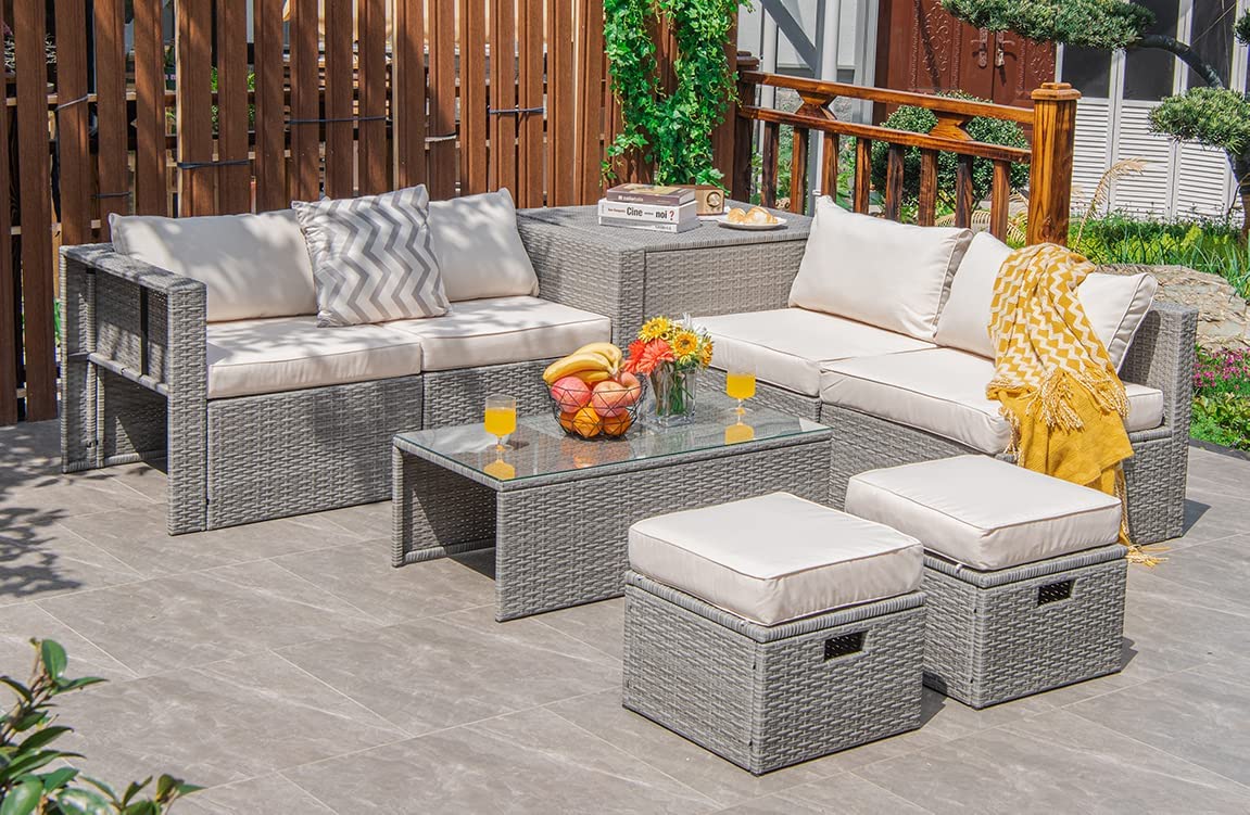 8-Piece Patio Wicker Furniture Set, Coffee Table, 2 Ottomans, 2 Armless Sofas & 2 Corner Sofas