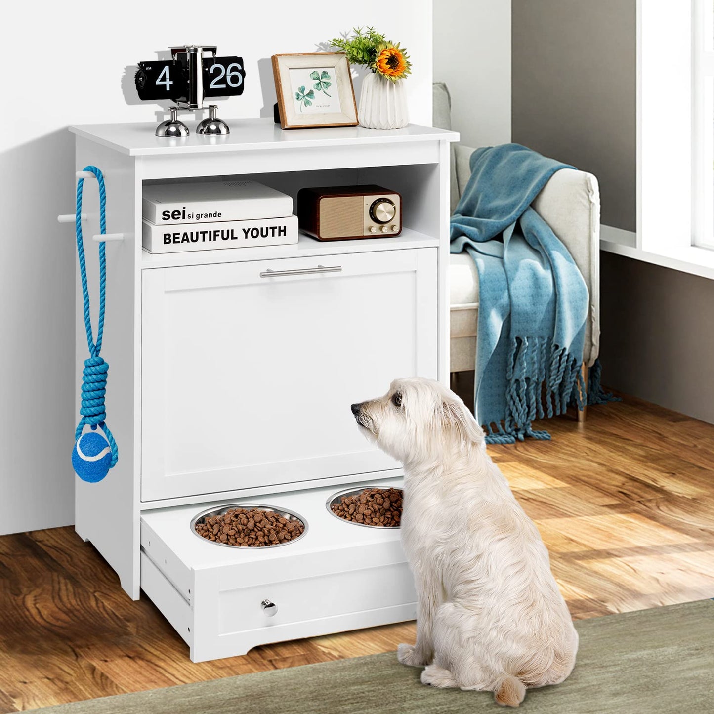 Tangkula Meuble de rangement pour nourriture pour chien avec double gamelle surélevée en acier inoxydable pour les fournitures d'alimentation et d'abreuvement