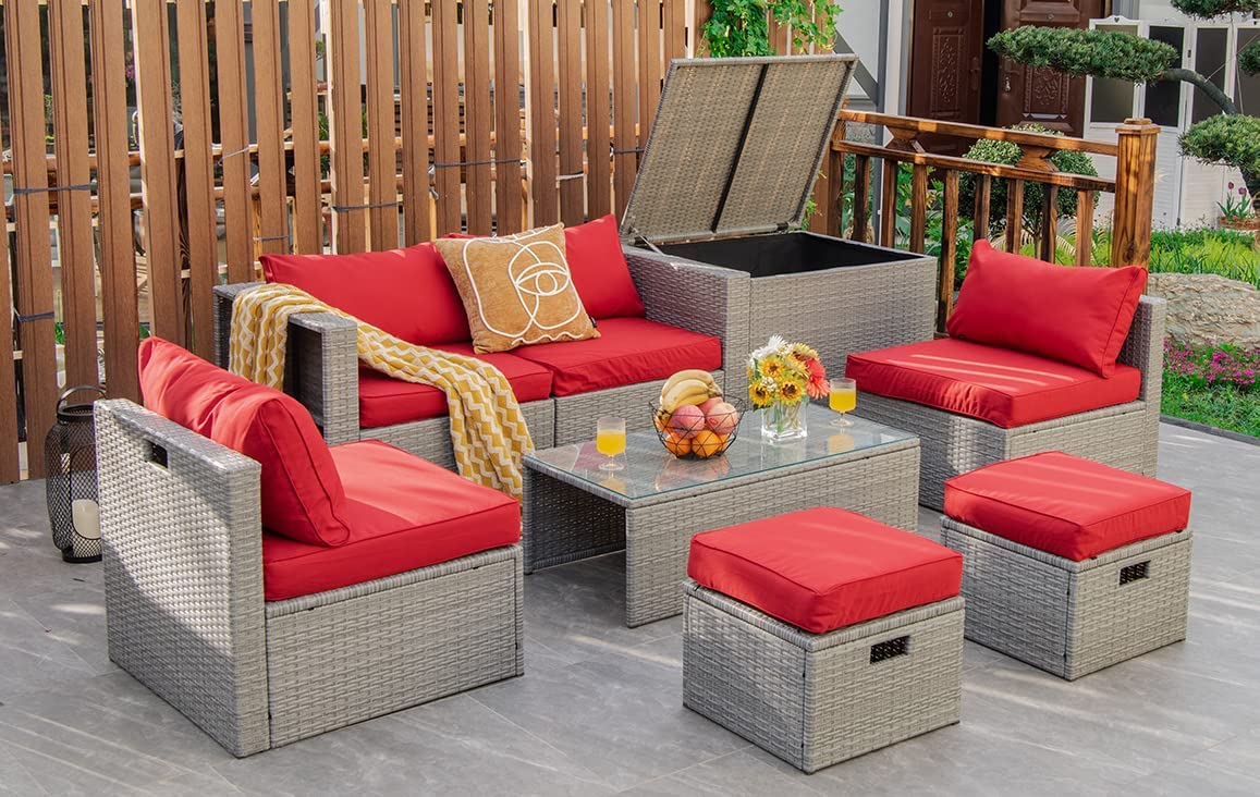 8-Piece Patio Wicker Furniture Set, Coffee Table, 2 Ottomans, 2 Armless Sofas & 2 Corner Sofas