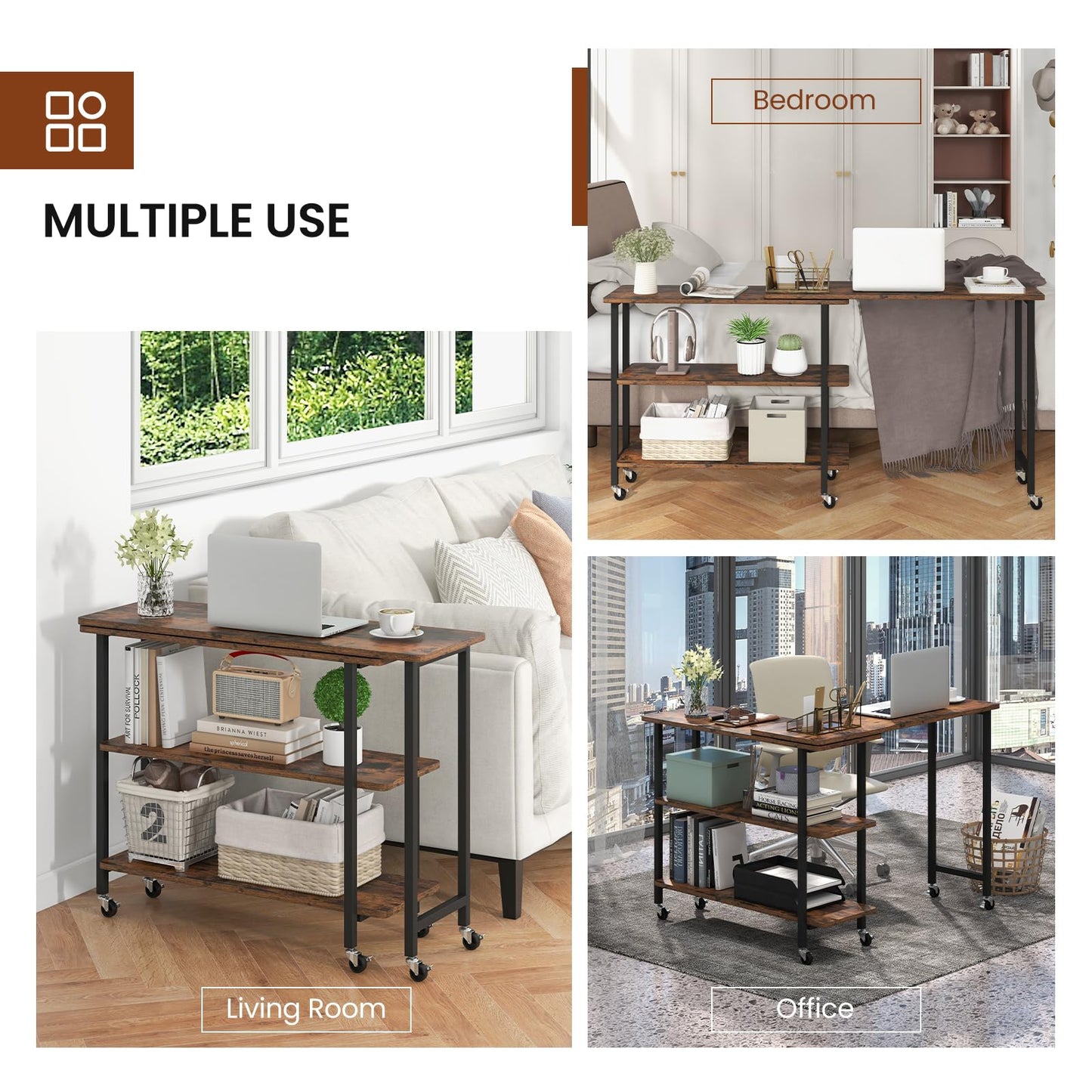 Tangkula 360°Rotating Sofa Side Table, Mobile End Table with 2-Tier Storage Shelves