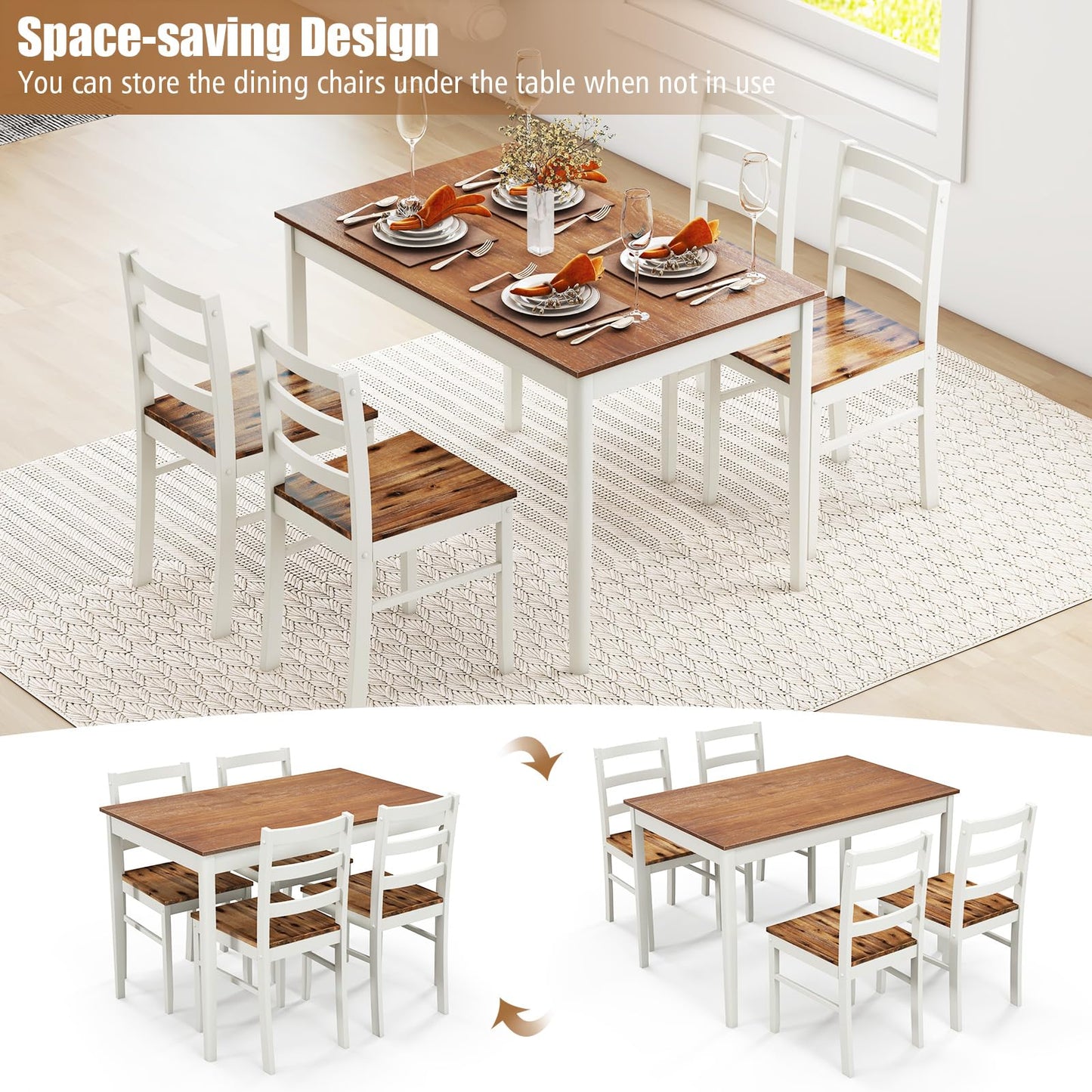 Tangkula 5-Piece Dining Table Set for 4, Farmhouse Solid Wood Dinette Set w/Rubber Wood Legs