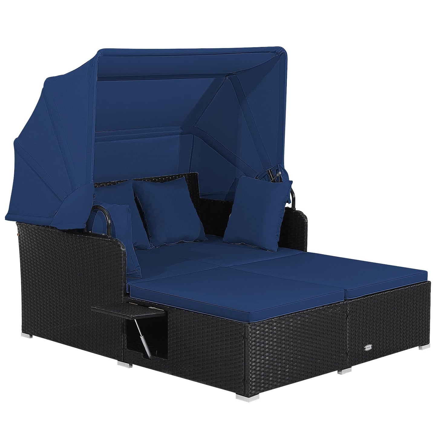 Tangkula Patio Rattan Daybed, Patiojoy Wicker Daybed Loungerw/Retractable Canopy, 2 Foldable Side Panels