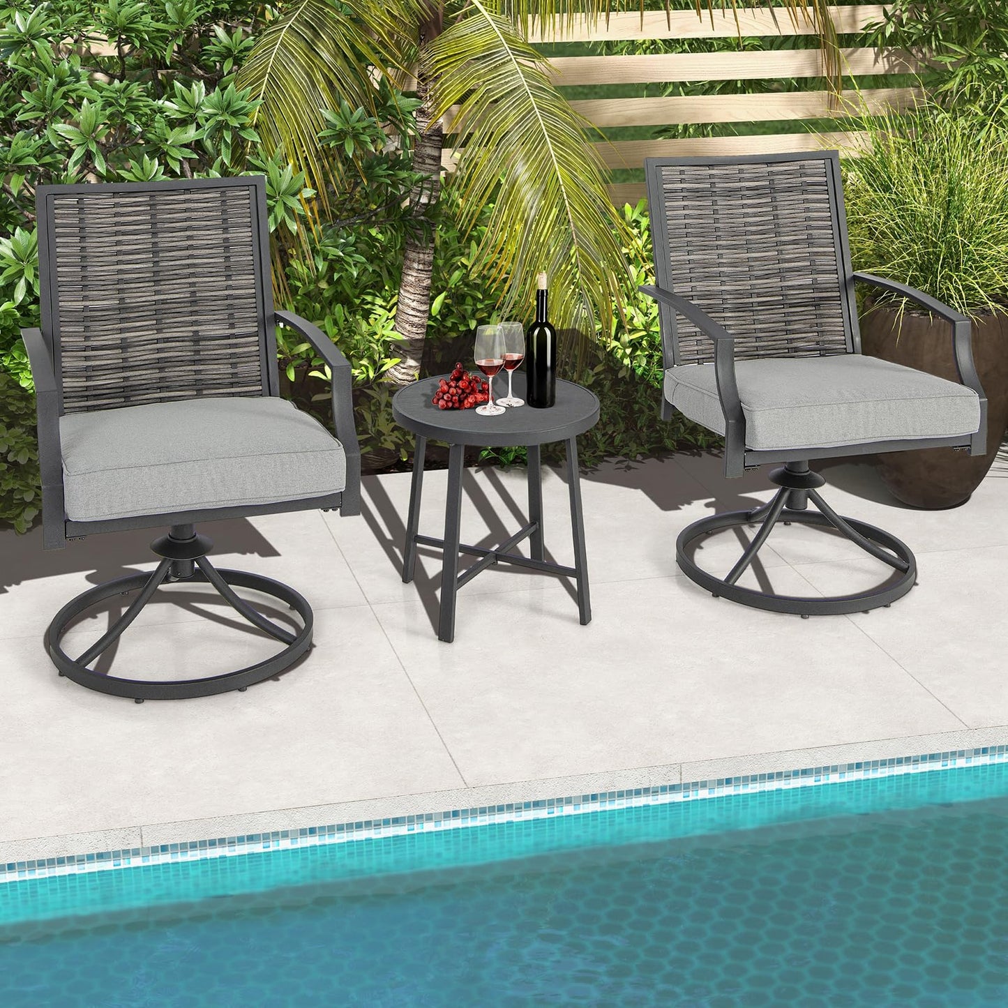 Tangkula 3 Piece Patio Swivel Chair Set, Wicker Swivel Chairs