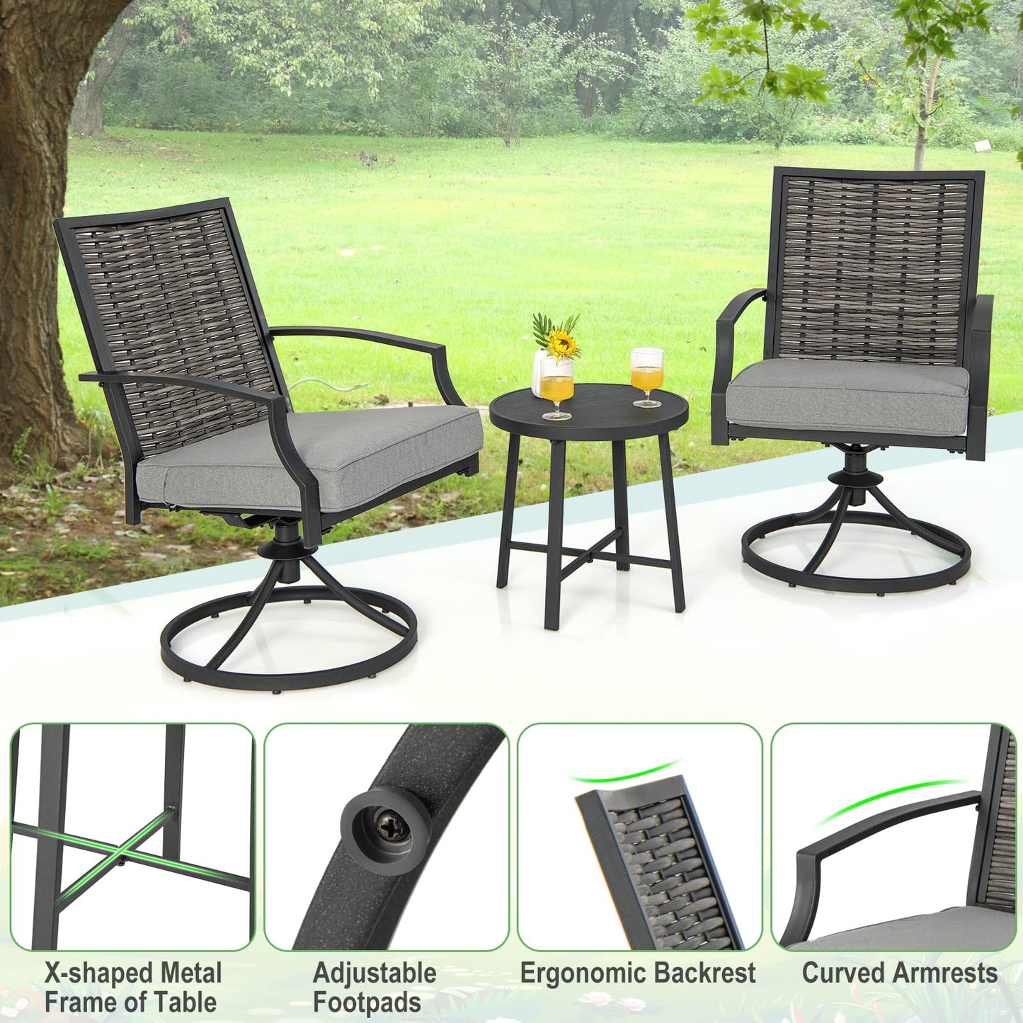 Tangkula 3 Piece Patio Swivel Chair Set, Wicker Swivel Chairs