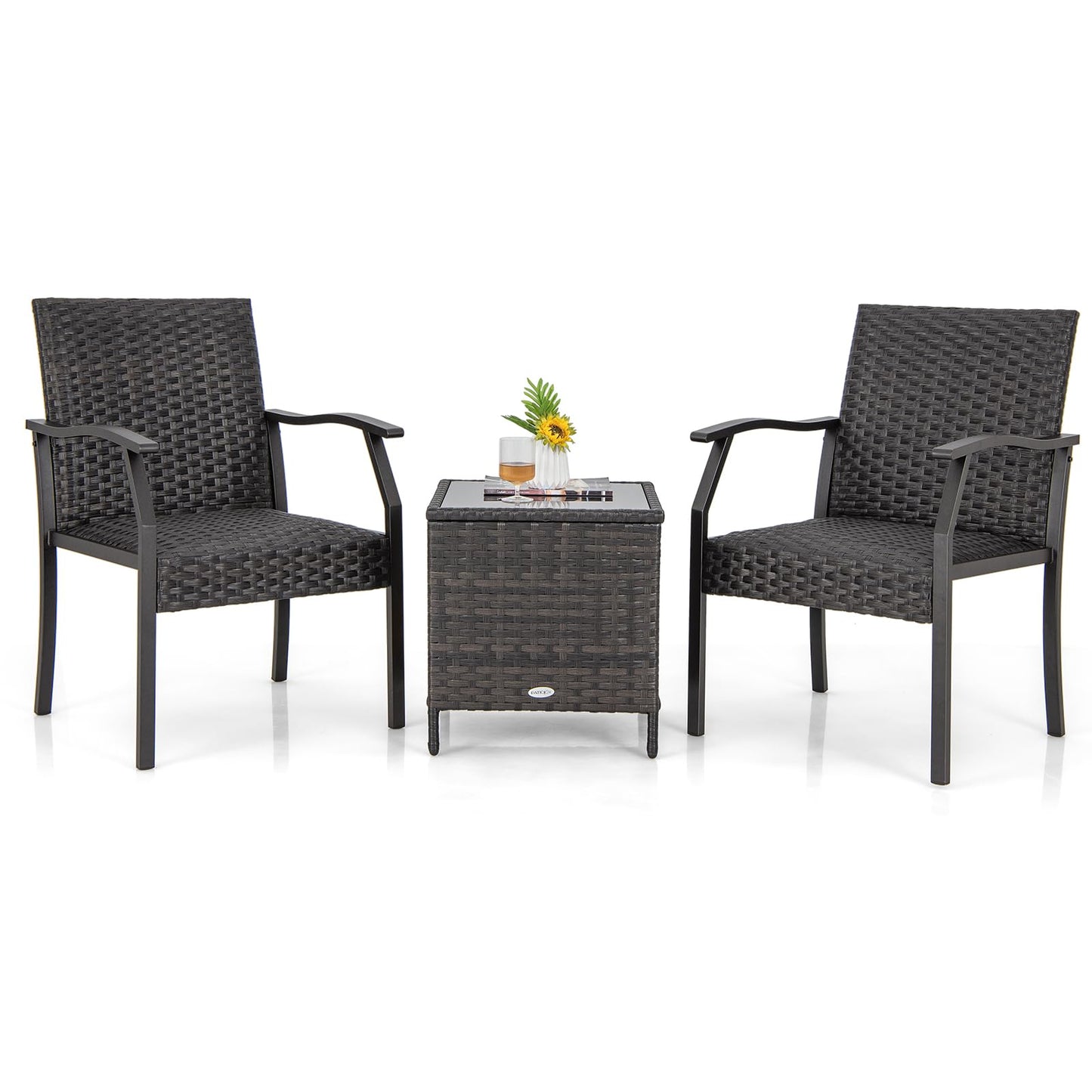 Tangkula 3 Pieces Patio Wicker Chair Set, Waterproof All Weahter Heavy Duty Outdoor Conversation Set
