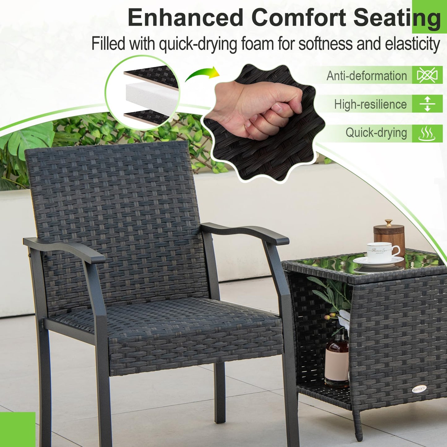 Tangkula 3 Pieces Patio Wicker Chair Set, Waterproof All Weahter Heavy Duty Outdoor Conversation Set