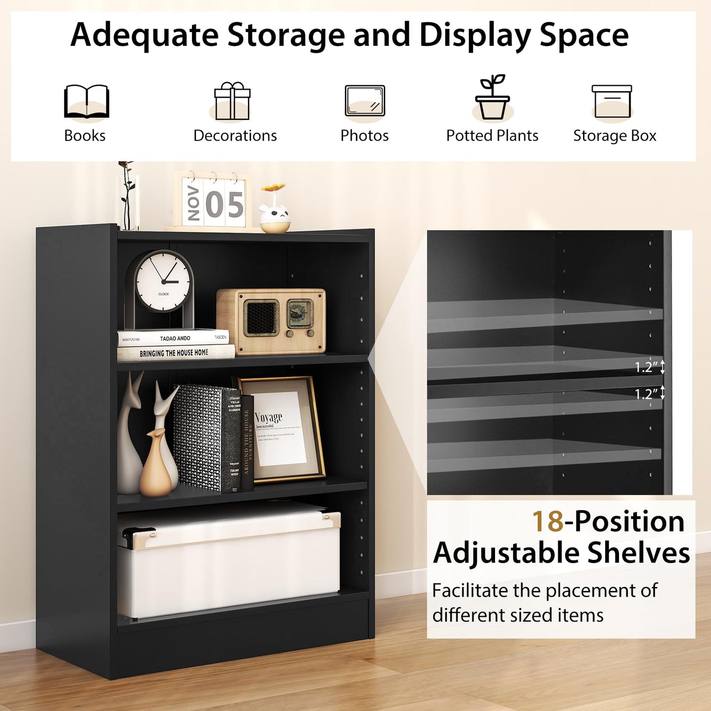 3 Tier Bookcase, Floor Standing Open Bookshelf with 18-Position Adjustable Shelves - Tangkula