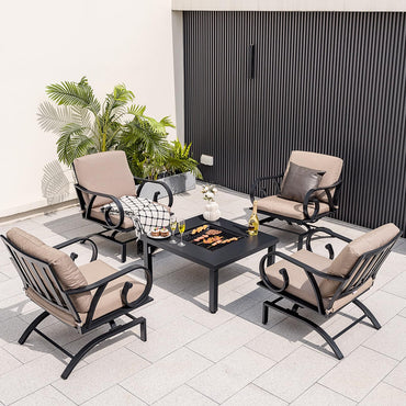 Tangkula 5 Piece Patio Dining Set, Heavy-Duty Rocking Chairs with 4-in-1 Fire Pit Table