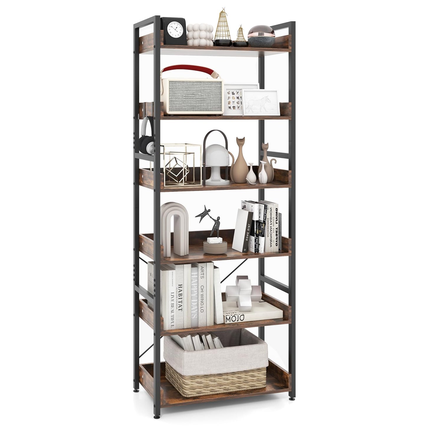 Tangkula 6-Tier Bookshelf, 70” Tall Industrial Bookcase w/Open Shelves & 4 Hooks