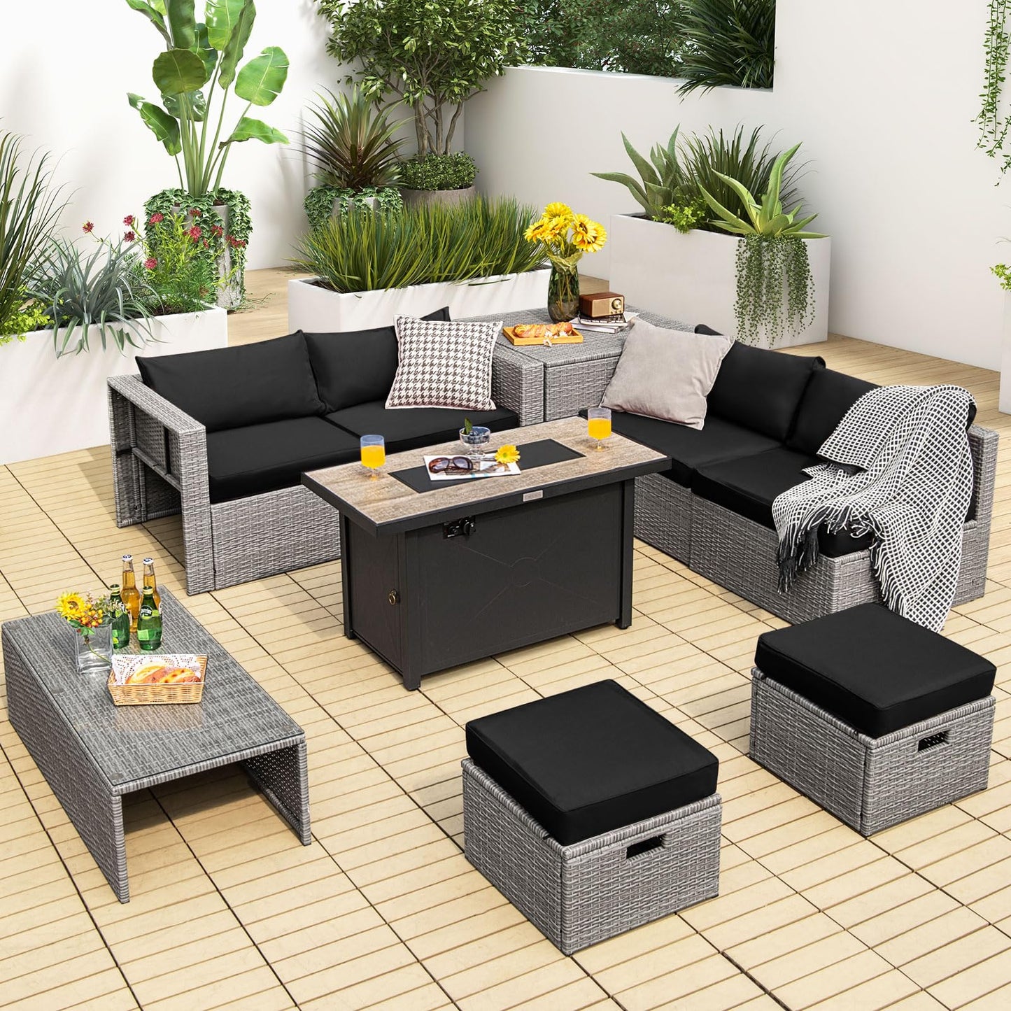 Tangkula 9 PCS Patio Furniture Set with 42” 60,000 BTU Fire Pit, Outdoor Space-Saving Sectional Sofa Set with Storage Box