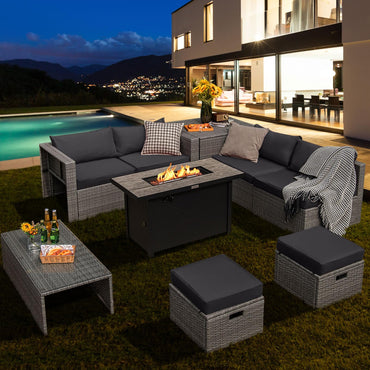 Tangkula 9 PCS Patio Furniture Set with 42” 60,000 BTU Fire Pit, Outdoor Space-Saving Sectional Sofa Set with Storage Box