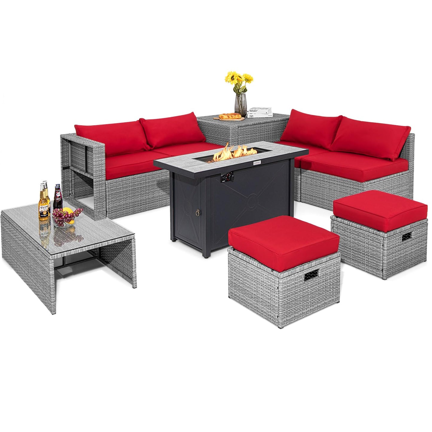 Tangkula 9 PCS Patio Furniture Set with 42” 60,000 BTU Fire Pit, Outdoor Space-Saving Sectional Sofa Set with Storage Box