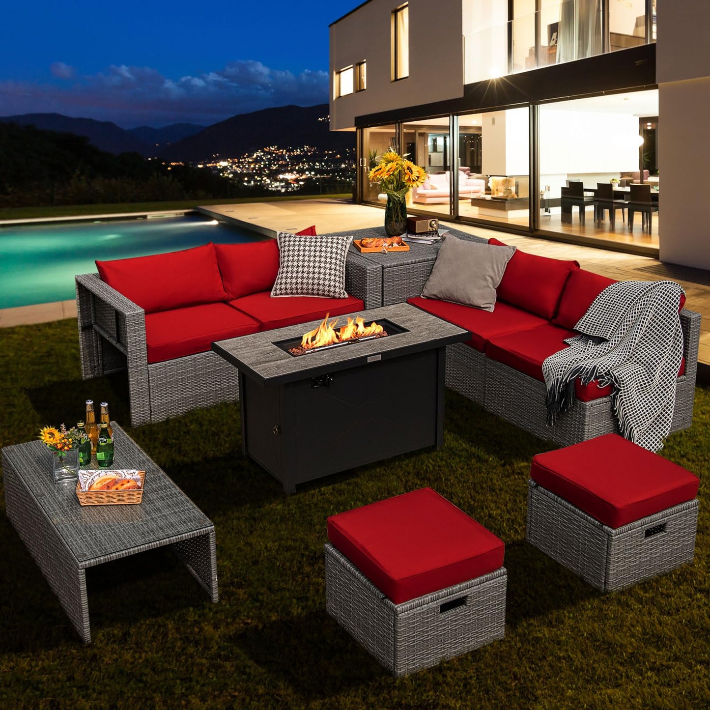 Tangkula 9 PCS Patio Furniture Set with 42” 60,000 BTU Fire Pit, Outdoor Space-Saving Sectional Sofa Set with Storage Box