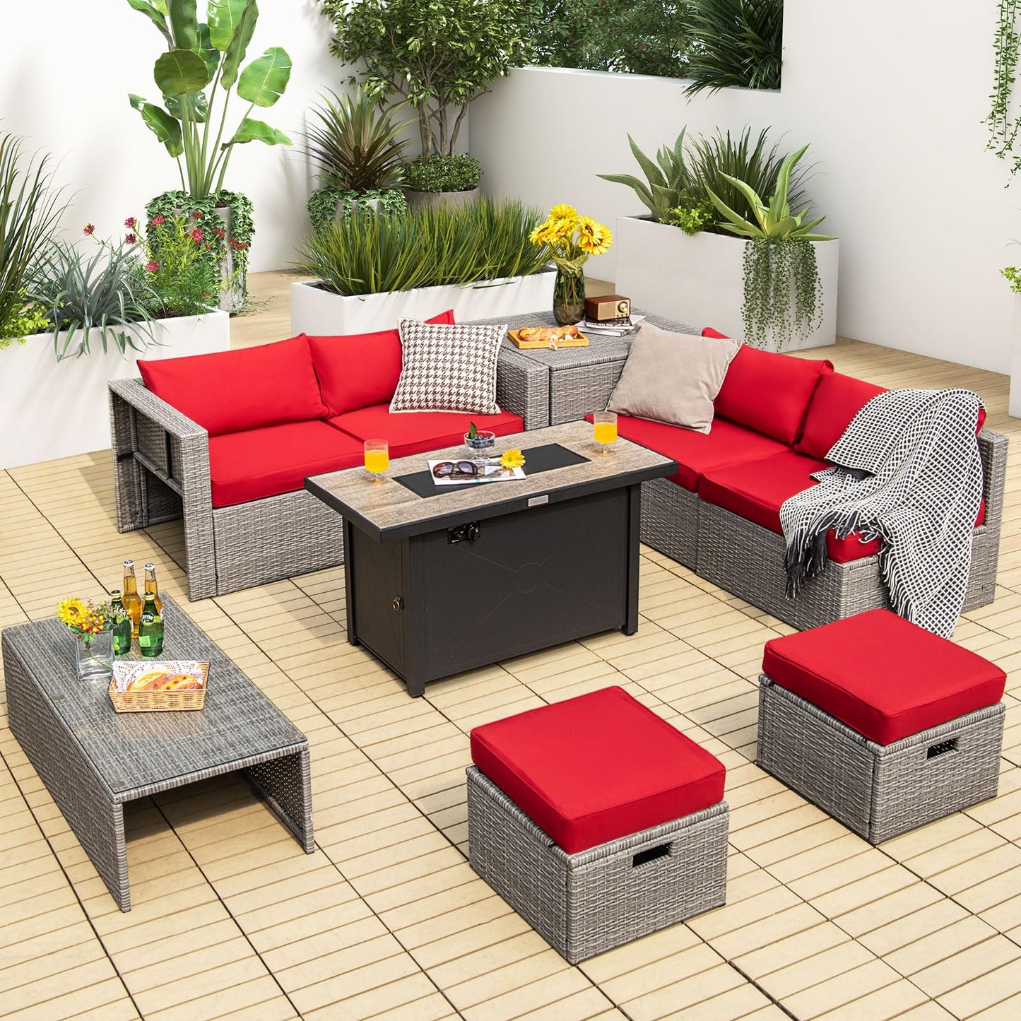 Tangkula 9 PCS Patio Furniture Set with 42” 60,000 BTU Fire Pit, Outdoor Space-Saving Sectional Sofa Set with Storage Box