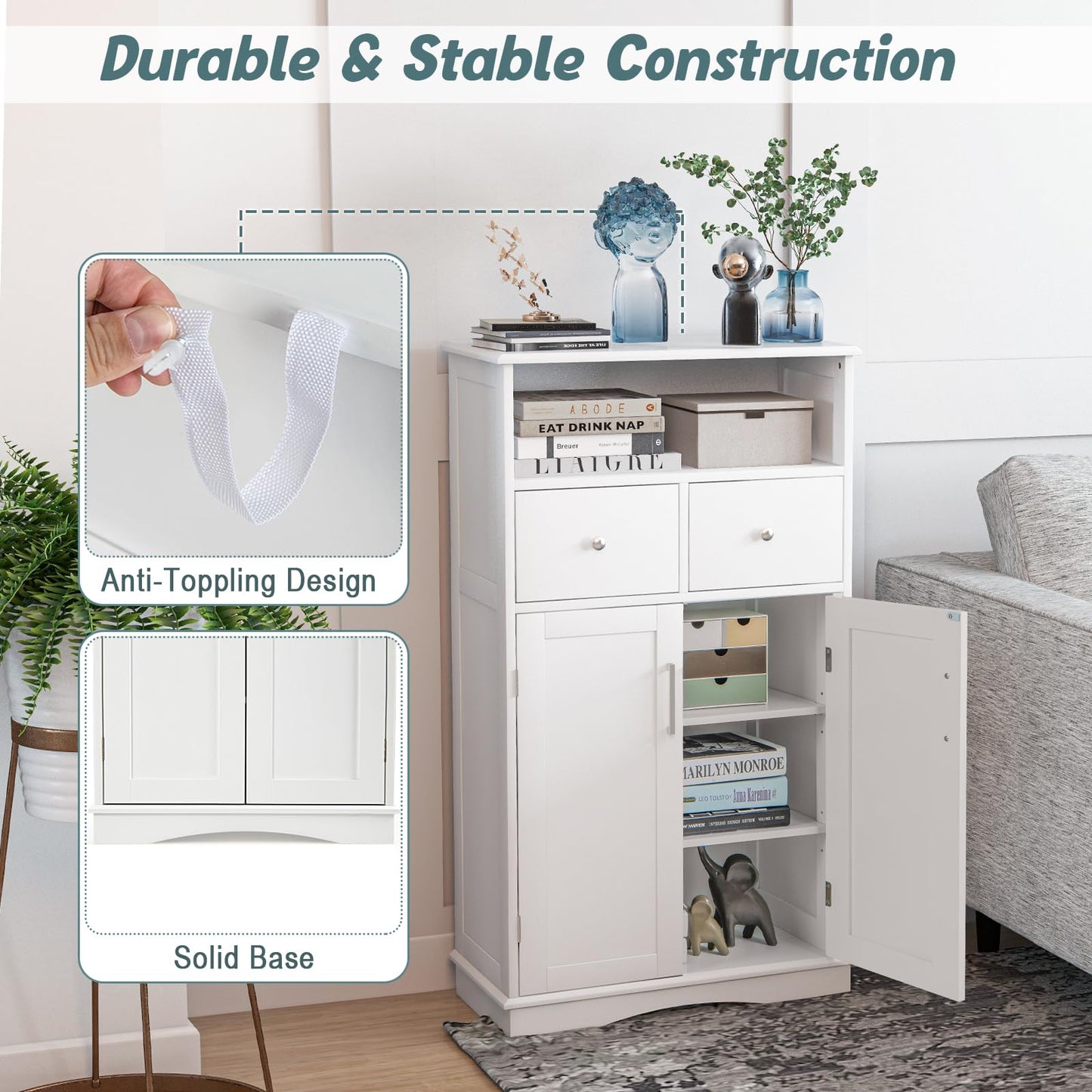 Tangkula Bathroom Cabinet, Freestanding Storage Organizer w/2 Drawers & 2 Doors