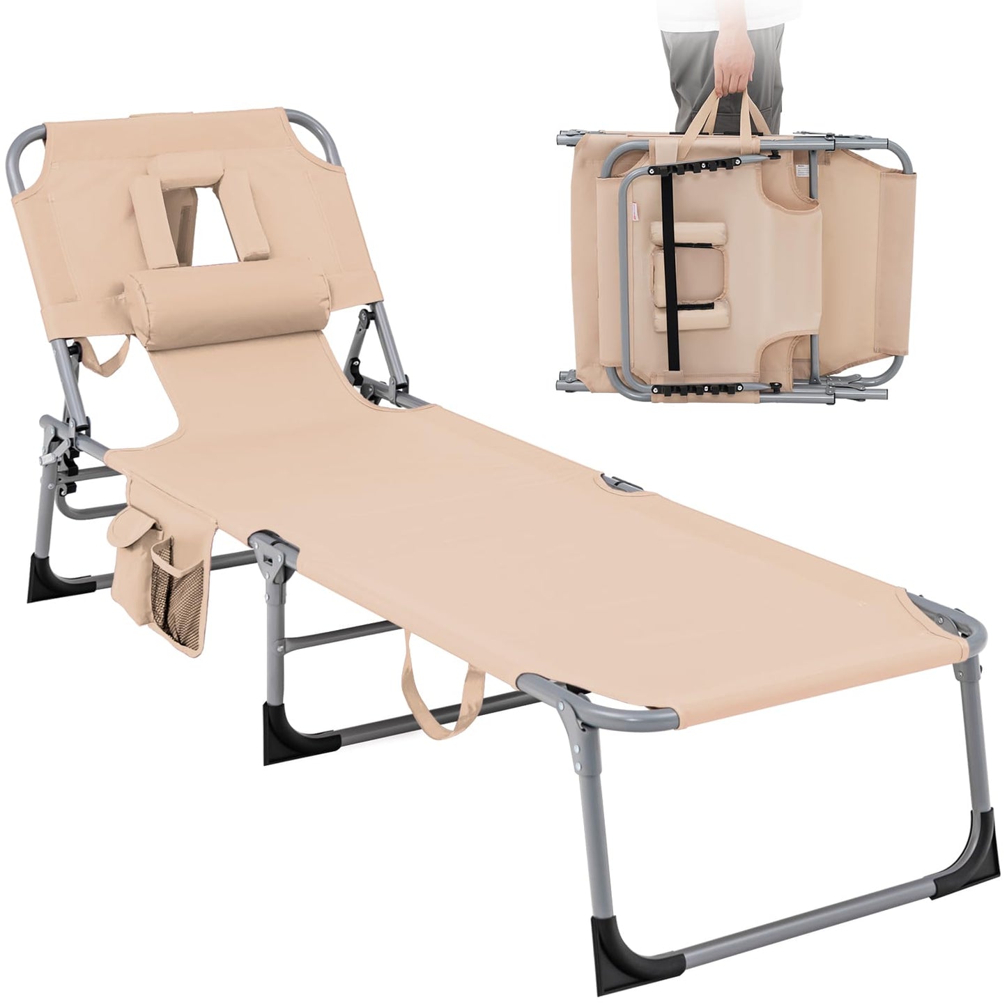 Beach Chaise Lounge Chair with Hole for Face, for Outdoor Backyard Poolside
