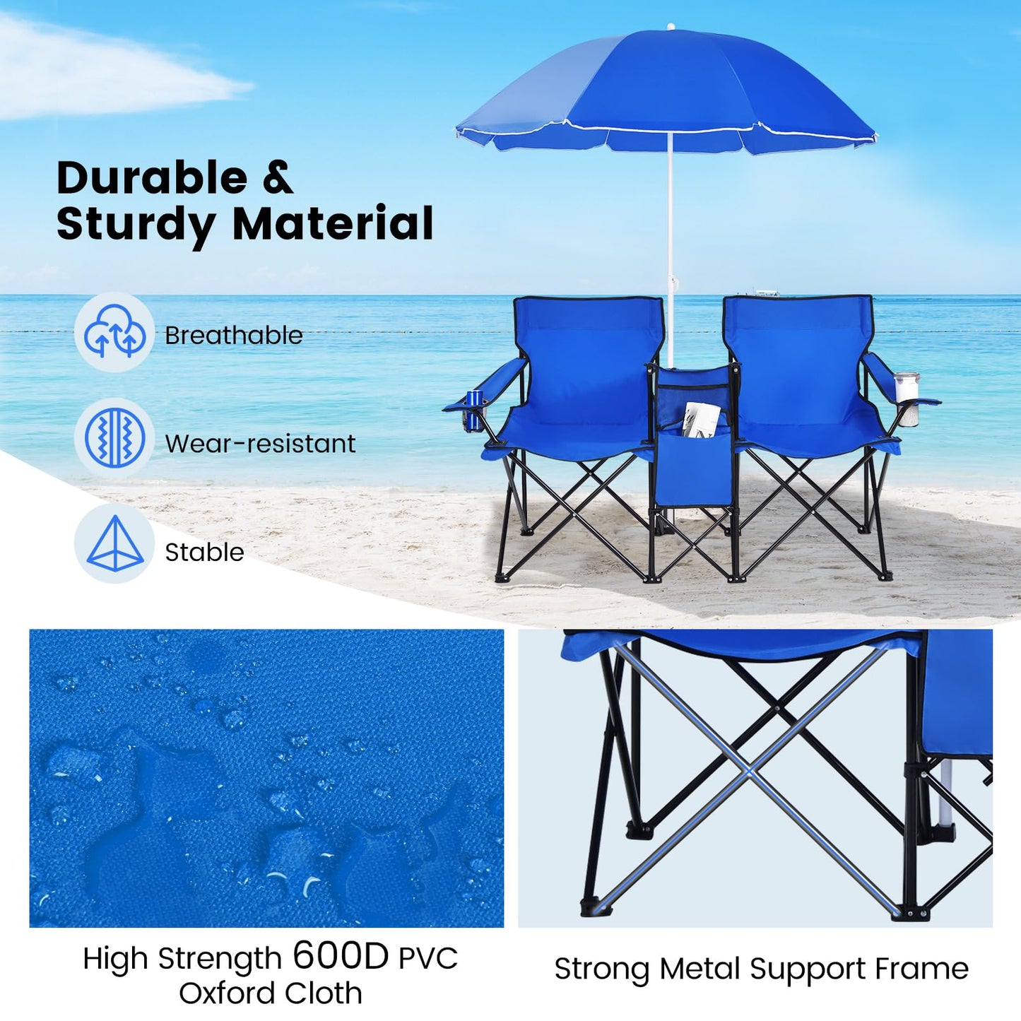 Tangkula Double Camping Chairs with Umbrella, Portable 2 Seat Folding Camp Chair with Cooler Bag