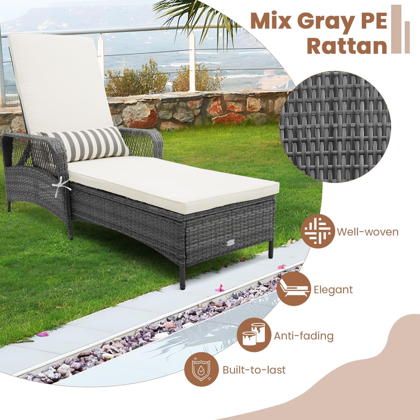 Tangkula Outdoor Chaise Lounge, Patio PE Recliner with 6-Level Backrest