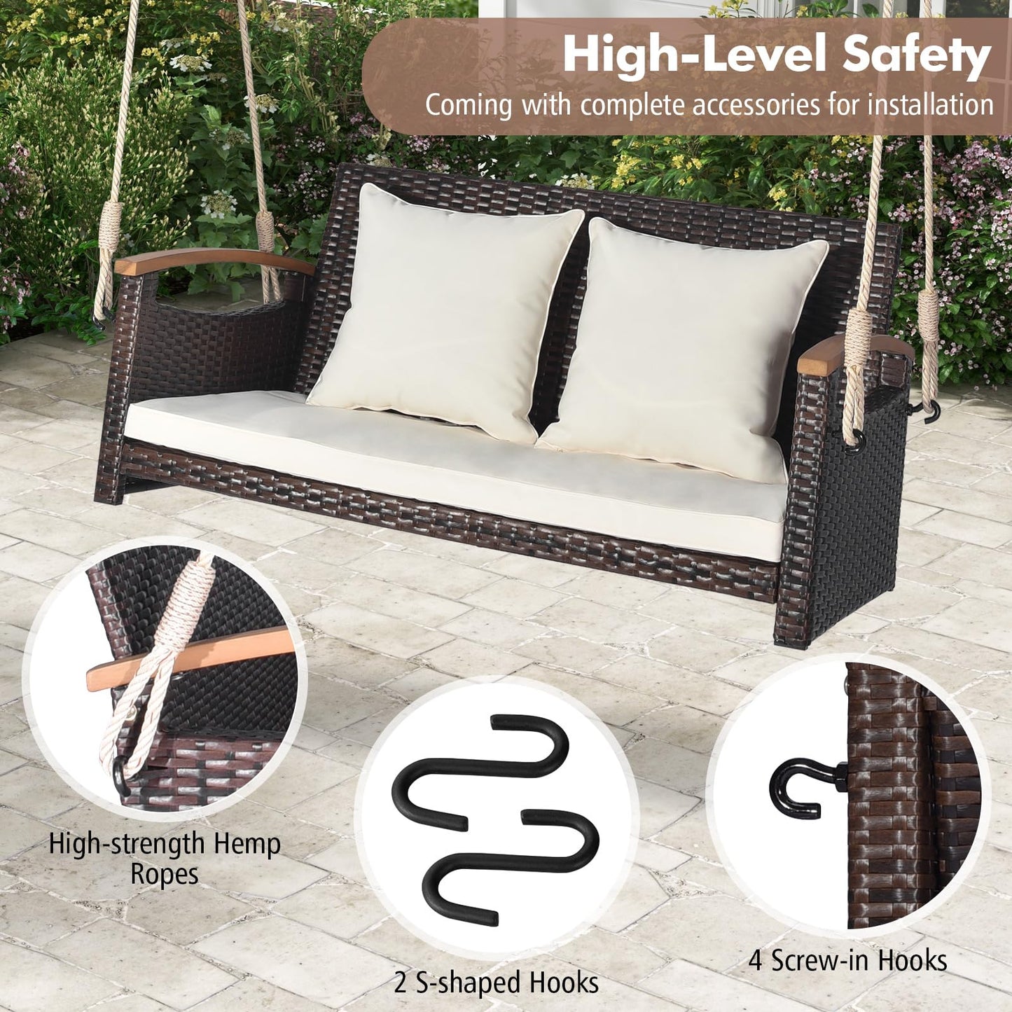 Tangkula Patio Rattan Porch Swing, 2-Person Hanging Chair with Seat & Back Cushions