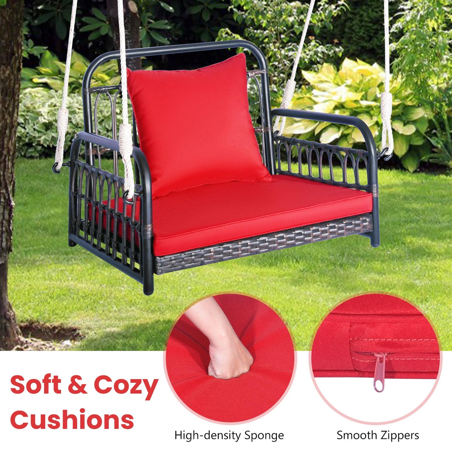 Tangkula Patio Wicker Porch Swing, Single Person Hanging Seat with Seat & Back Cushions