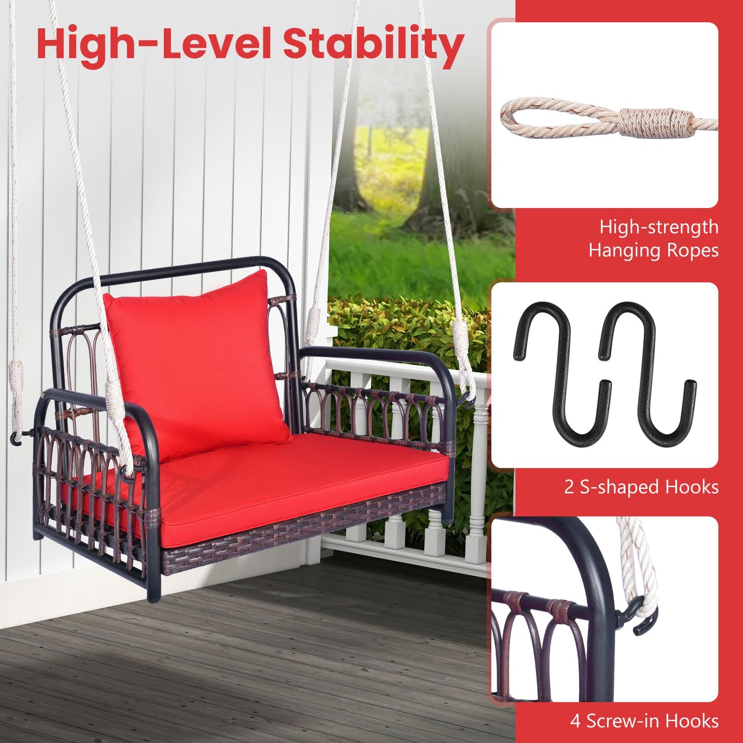 Tangkula Patio Wicker Porch Swing, Single Person Hanging Seat with Seat & Back Cushions