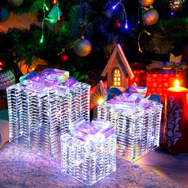 Tangkula Set of 3 Christmas Iridescent Box, 156 Cold White LED Lighted Present Boxes with Iridescent Bows
