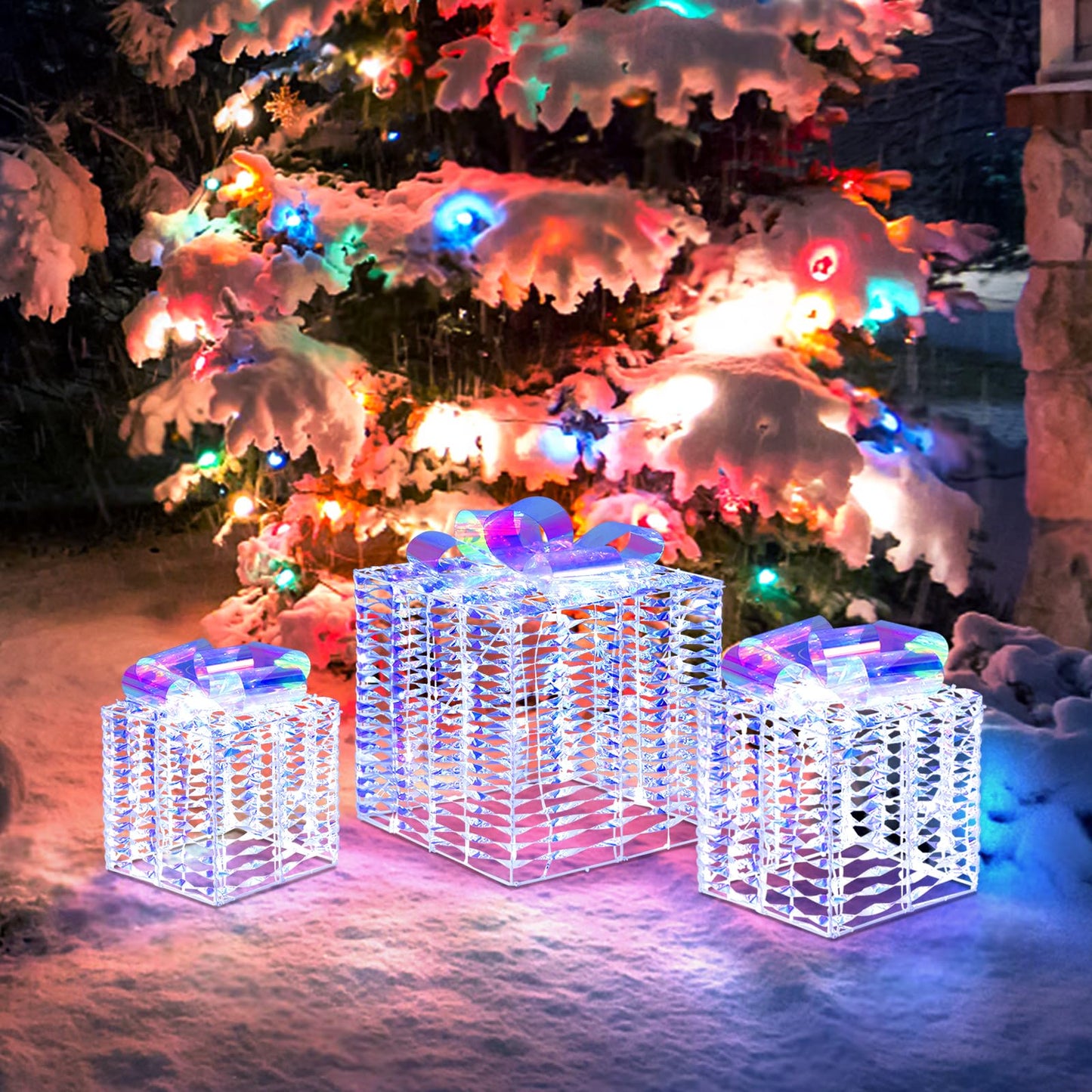 Tangkula Set of 3 Christmas Iridescent Box, 156 Cold White LED Lighted Present Boxes with Iridescent Bows