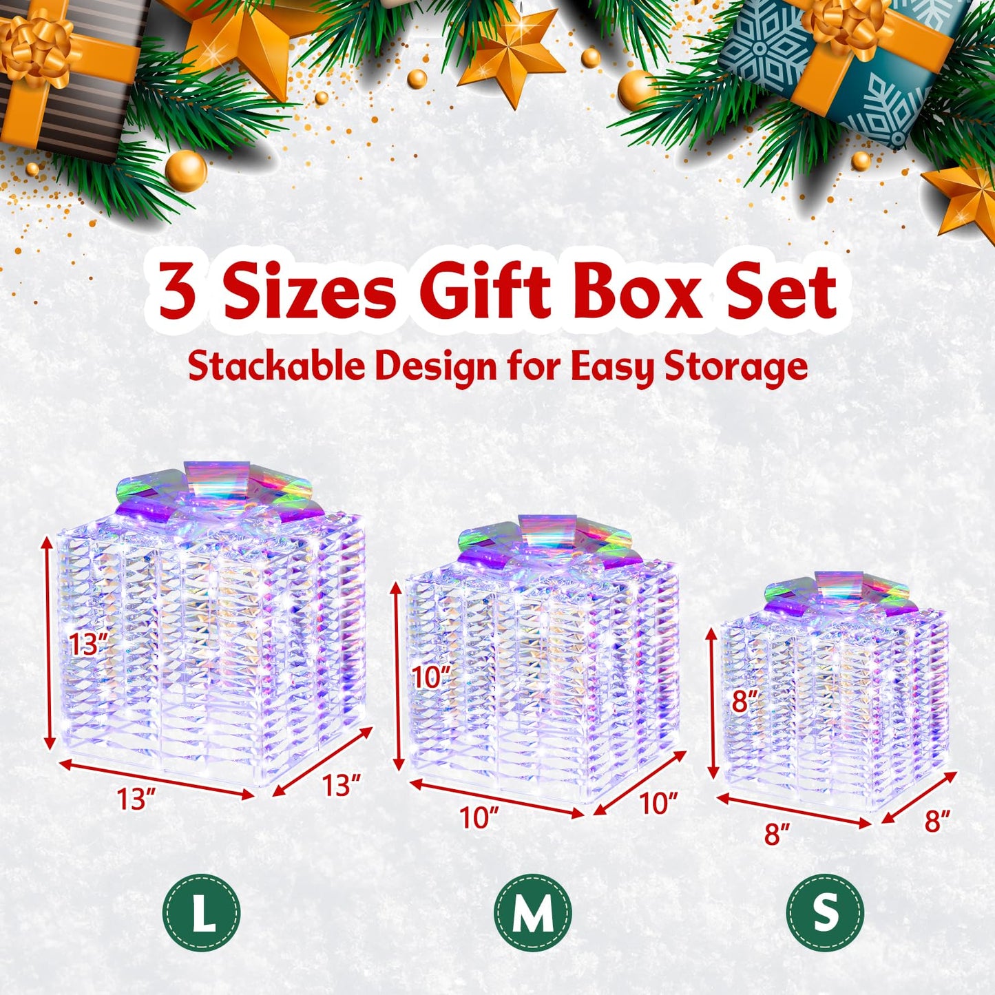 Tangkula Set of 3 Christmas Iridescent Box, 156 Cold White LED Lighted Present Boxes with Iridescent Bows