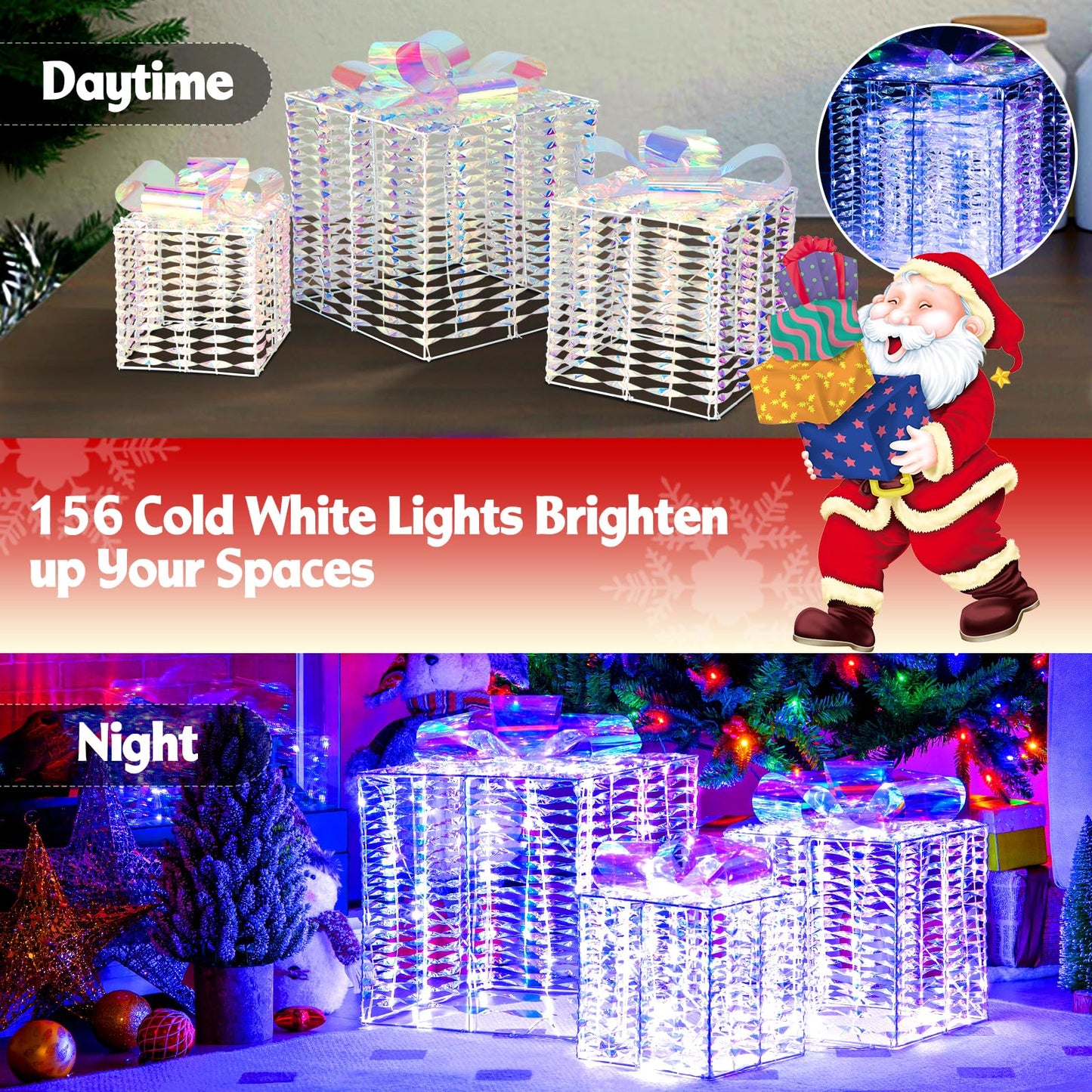 Tangkula Set of 3 Christmas Iridescent Box, 156 Cold White LED Lighted Present Boxes with Iridescent Bows