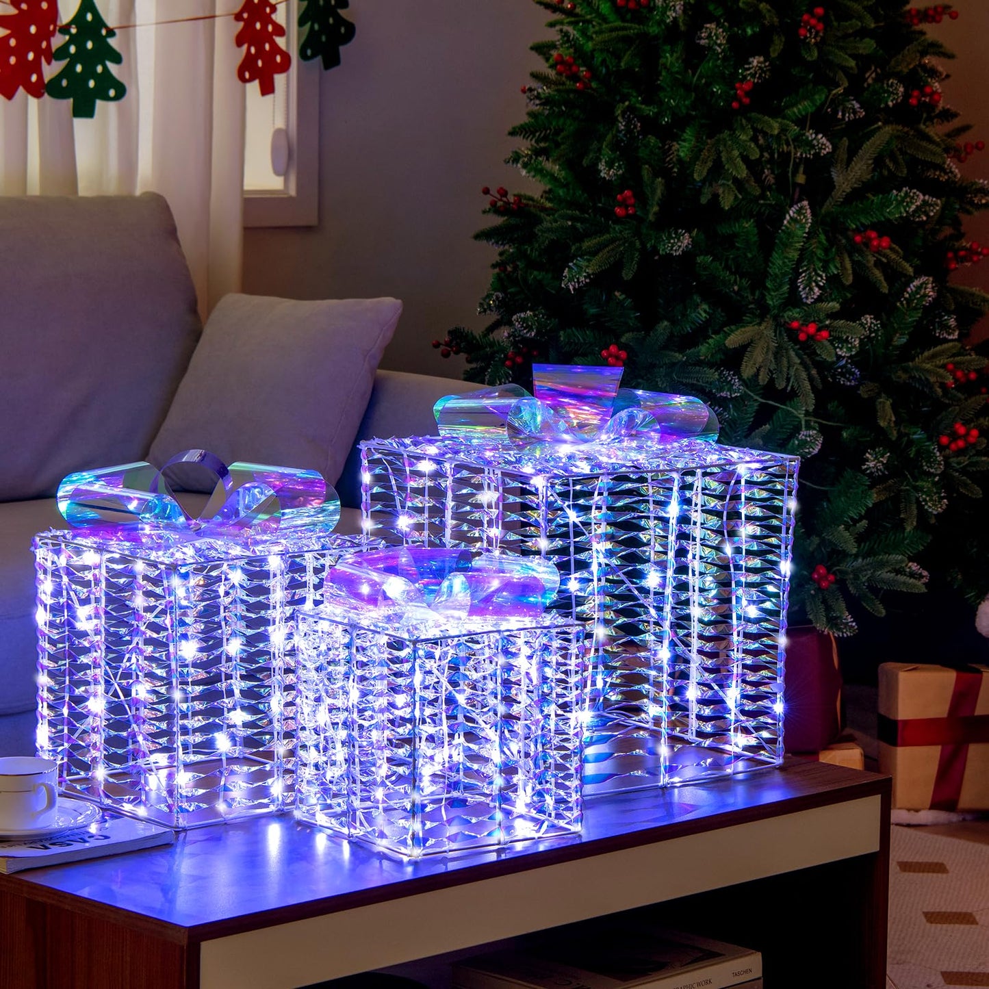 Tangkula Set of 3 Christmas Iridescent Box, 156 Cold White LED Lighted Present Boxes with Iridescent Bows