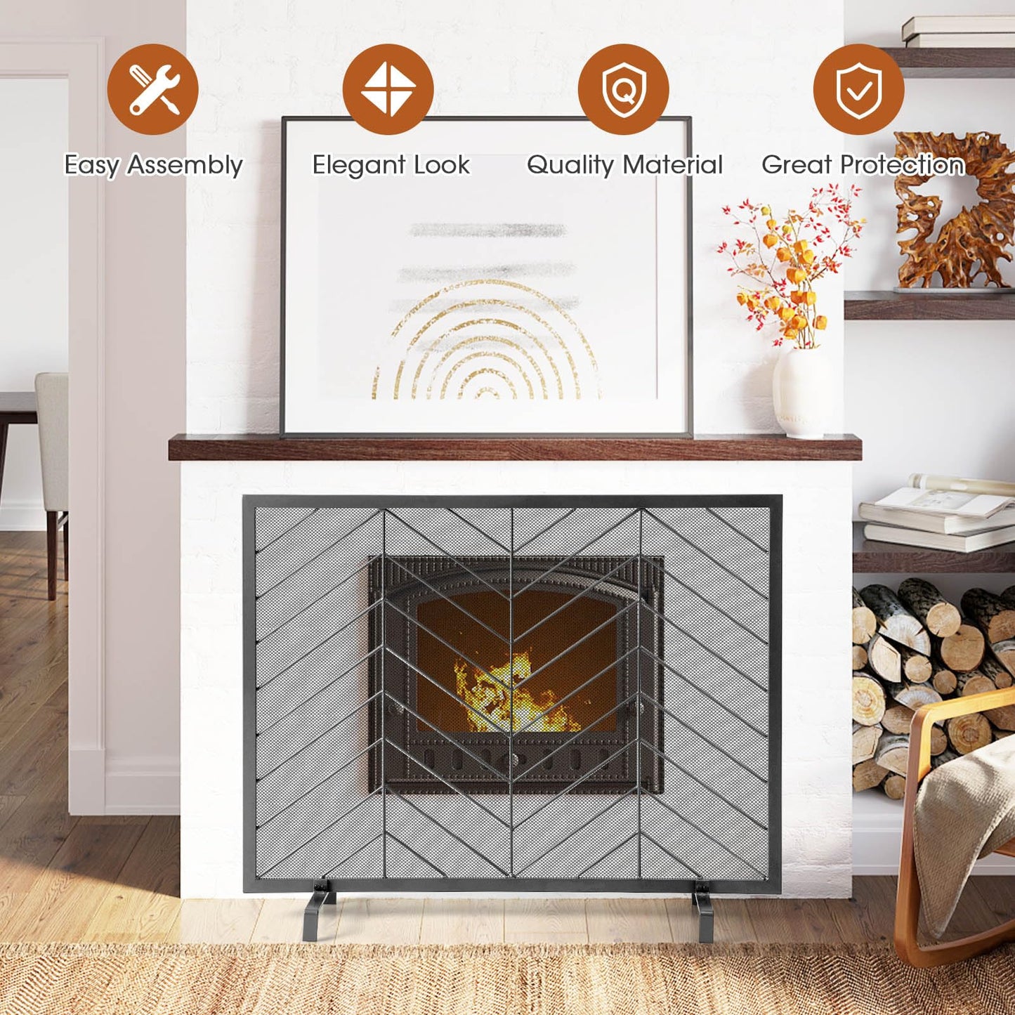 Tangkula Single Panel Fireplace Screen, Wrought Metal Fire Spark Guard