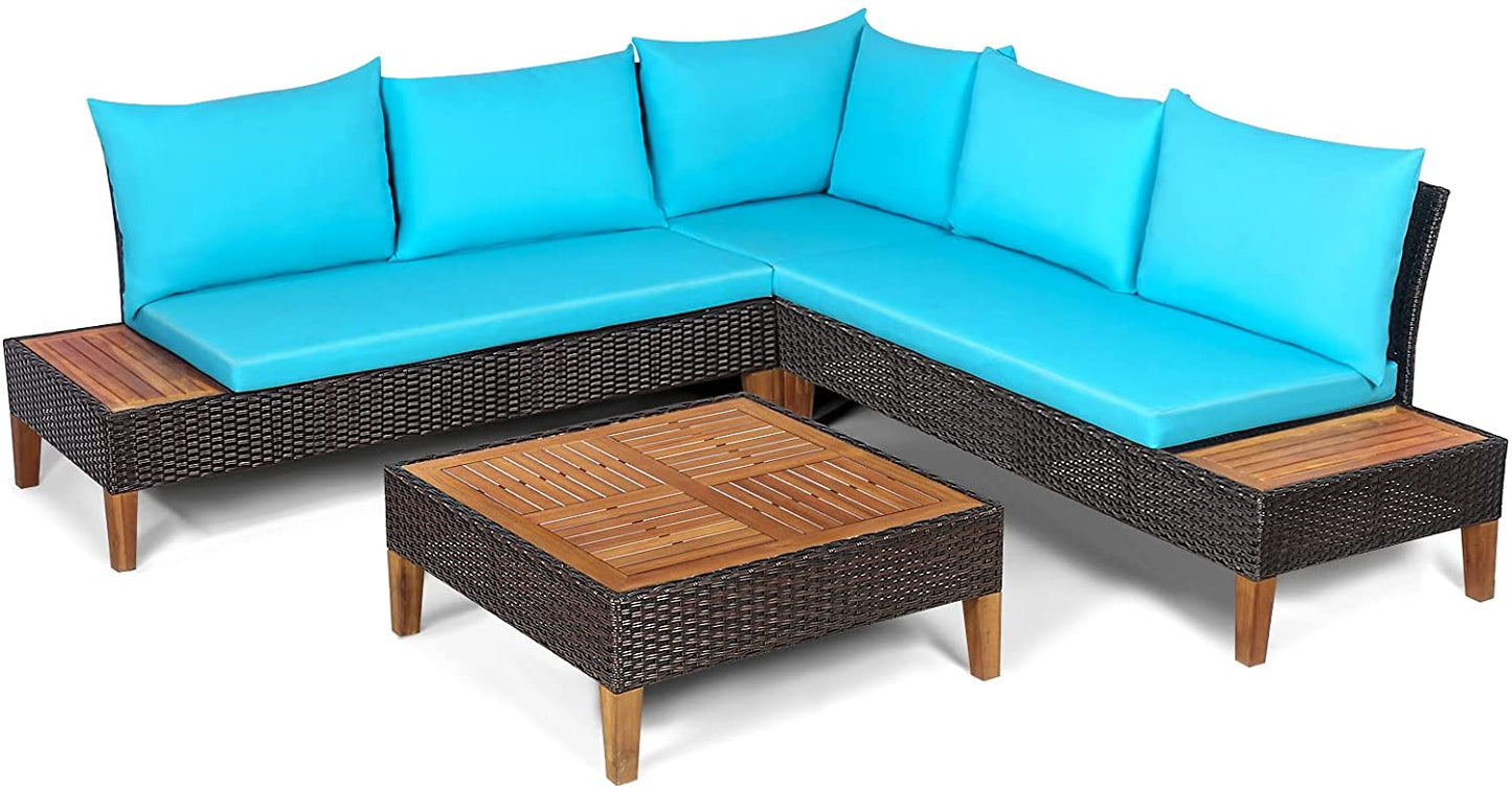 4 Pieces Acacia Wood Patio Conversation Set, Sofa Set with Coffee Table, Corner Sofa & 2 Loveseats