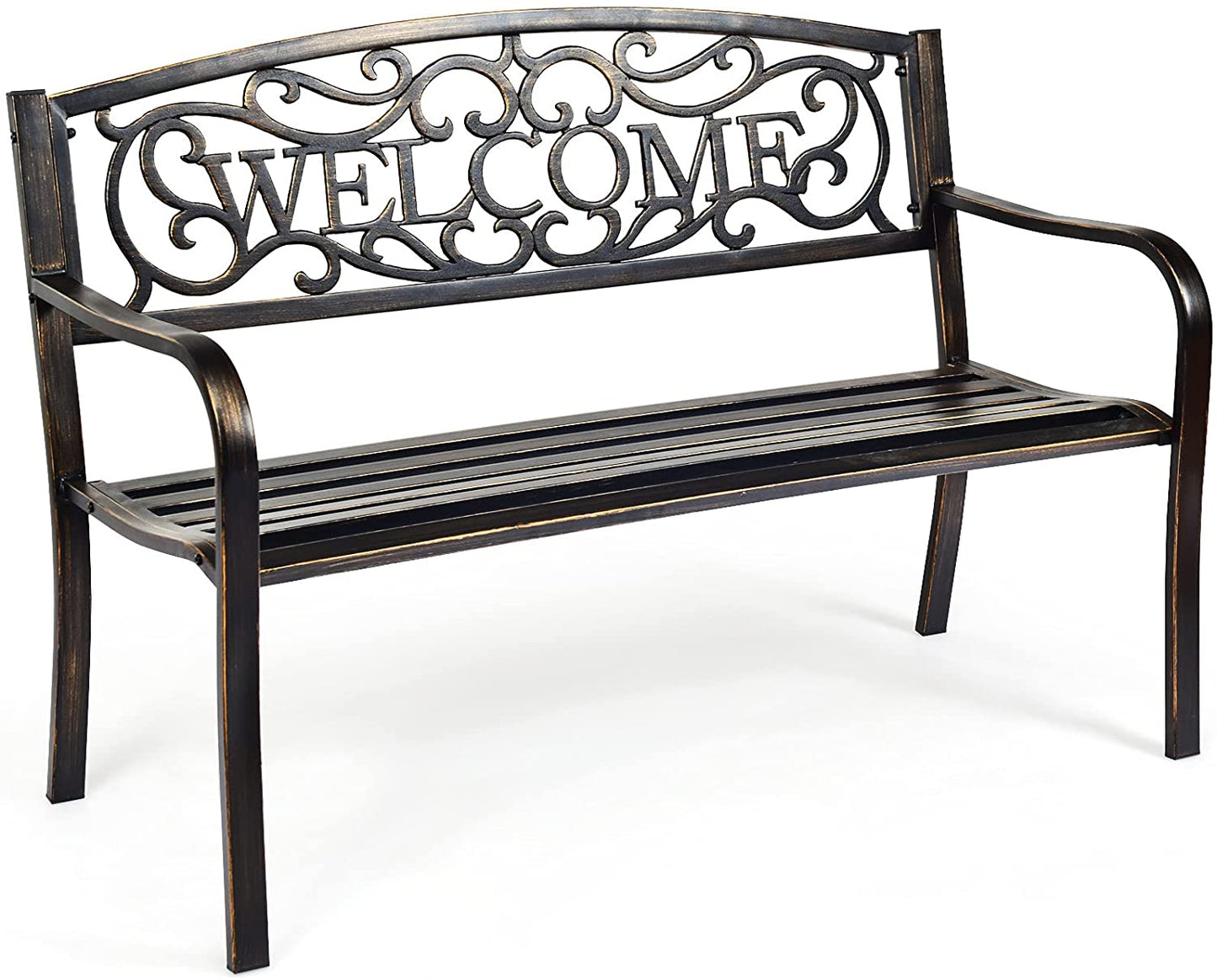 Banc de jardin extérieur en acier, banc de parc, banc de bienvenue de 127 cm avec assise à lattes et dossier à motif floral