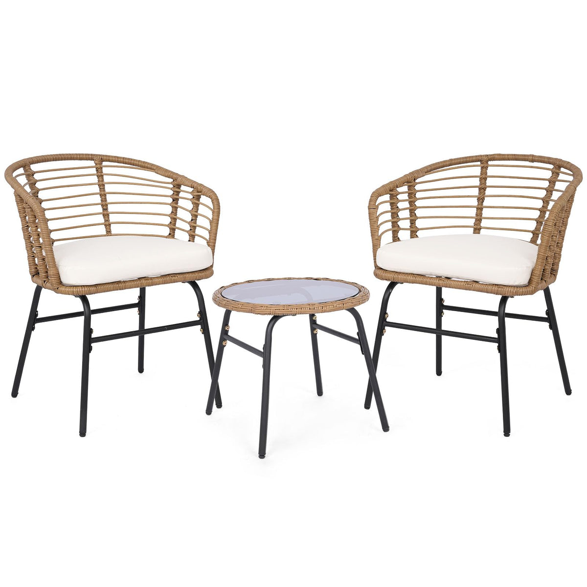 Tangkula 3 Pieces Patio Furniture Set with Tempered Glass Coffee Table and Soft Cushions
