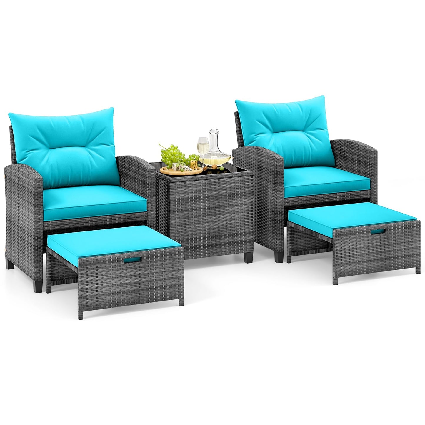 Ensemble de mobilier de patio Tangkula 5 pièces en rotin, chaises rembourrées en osier avec 2 poufs et table basse en verre trempé
