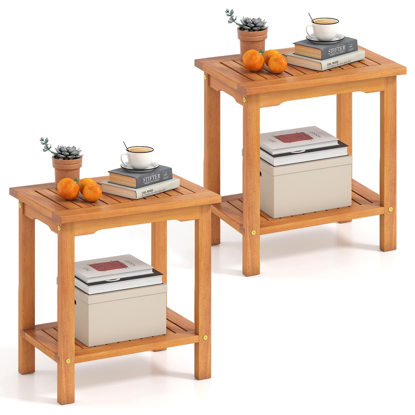 Tangkula Table d'appoint d'extérieur, table de patio à 2 niveaux avec plateau à lattes et étagère de rangement