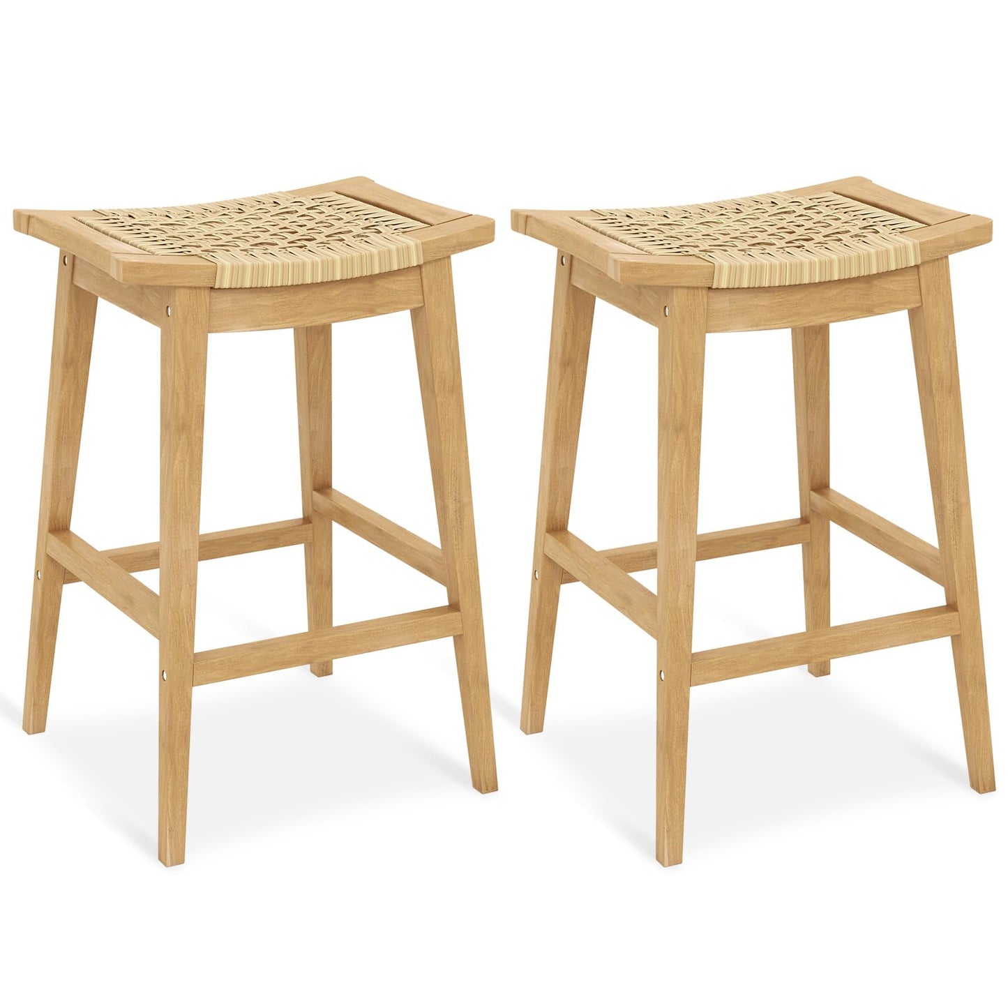 Tangkula Teak Wood Bar Stool, 29” Patio Rattan Barstool with Footrest & Saddle Seat