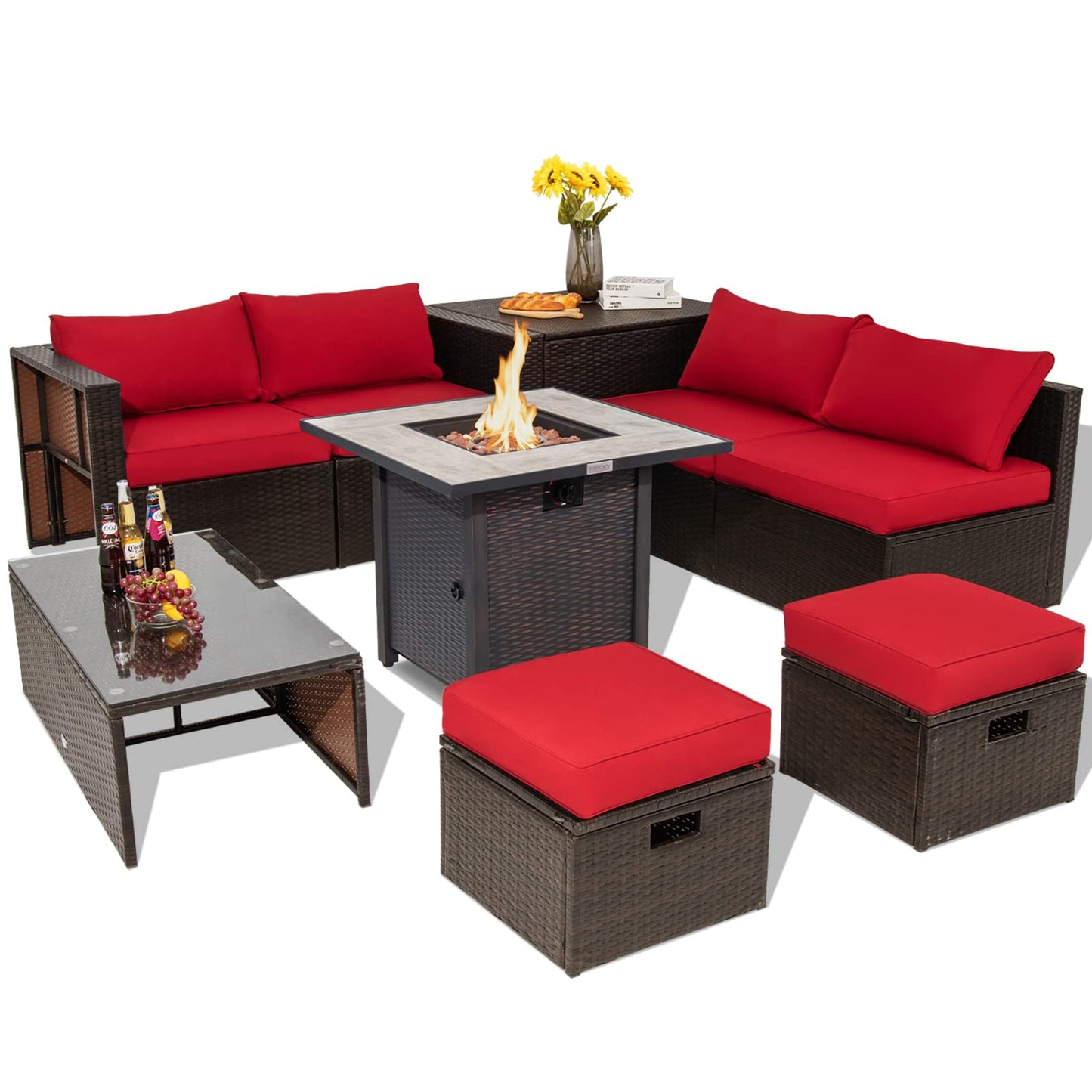 Tangkula 9 Pieces Outdoor Patio Furniture Set with 30” Propane Fire Pit Table